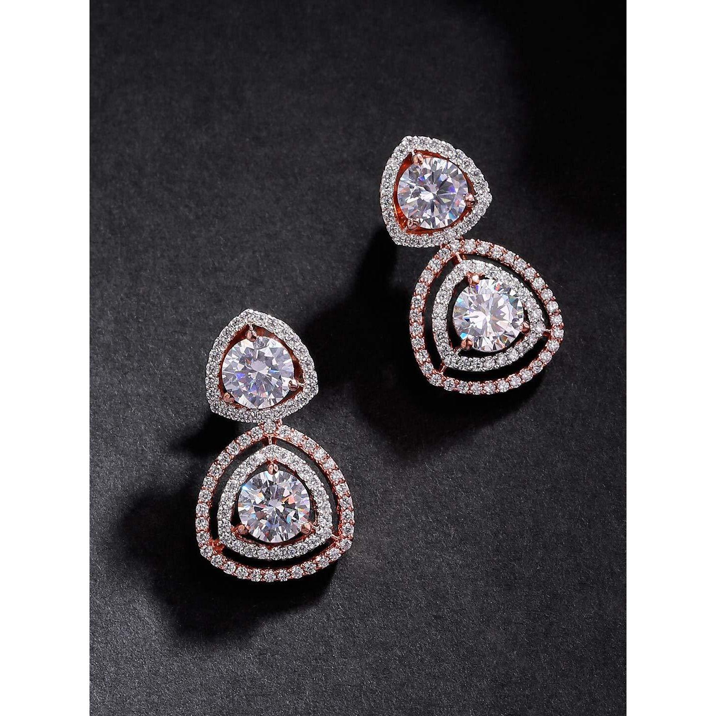 Priyaasi Rose Gold-Plated American Diamond Earrings for Women | Stylish Geometric Halo Design | Drop Style Earrings for Party | Birthday & Wedding Gifts for Girls