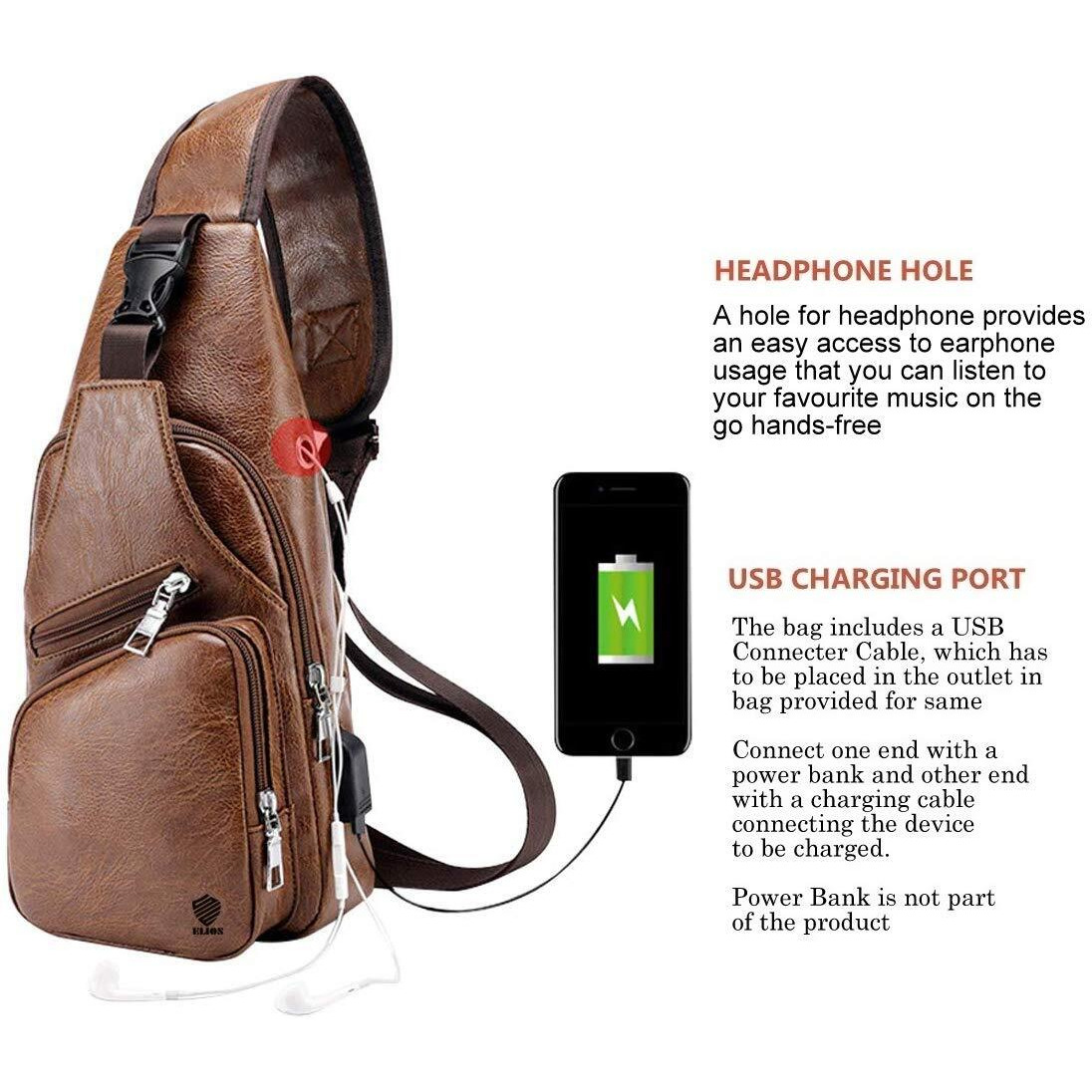 Elios Men s PU Leather Multipurpose Daypack Shoulder Sling Bag Chest Crossbody Shoulder Chest Travel Bag with USB Charging Port Black