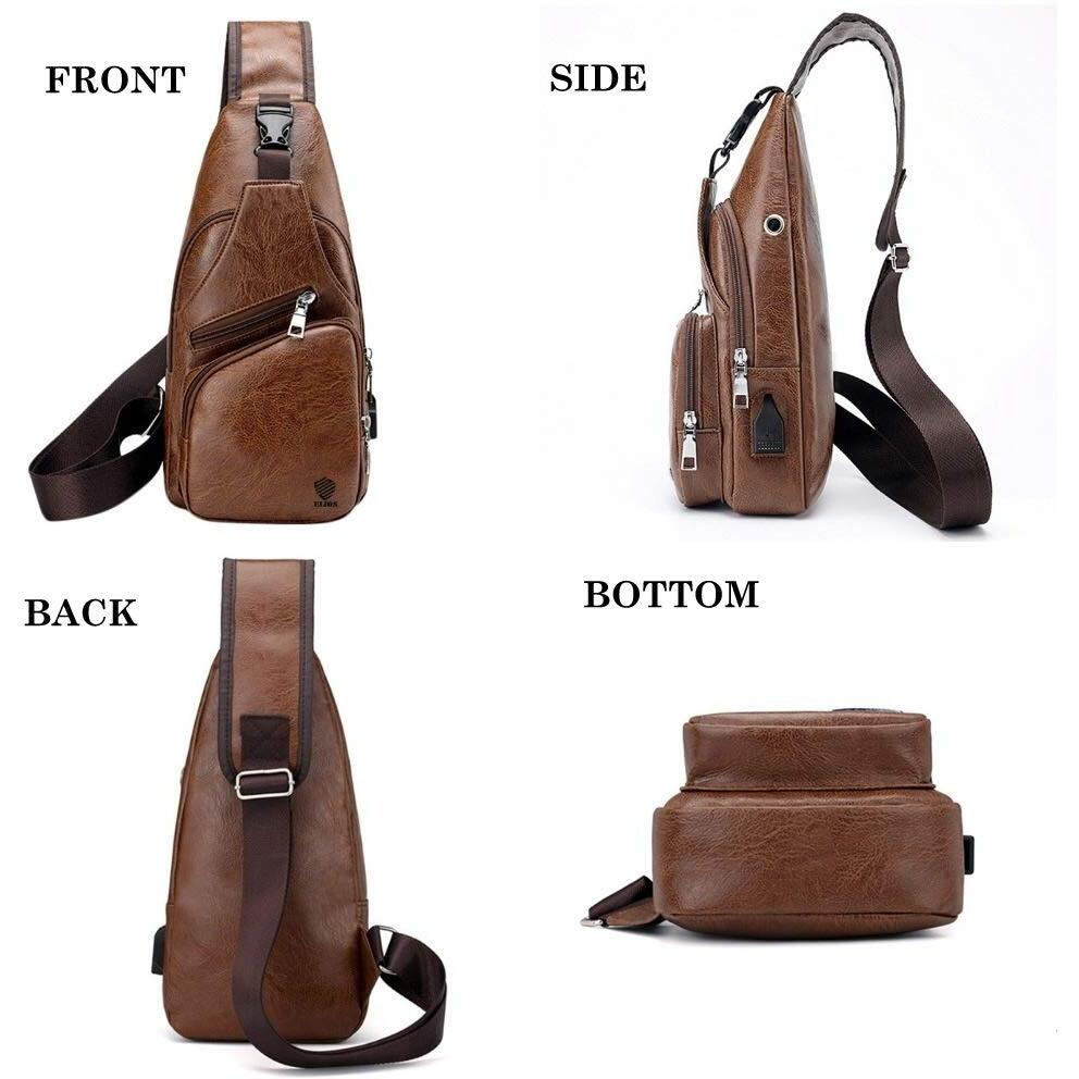 Elios Men s PU Leather Multipurpose Daypack Shoulder Sling Bag Chest Crossbody Shoulder Chest Travel Bag with USB Charging Port Black