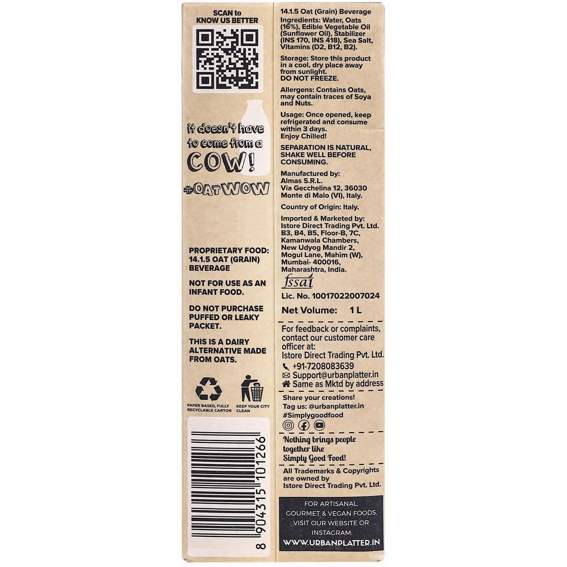 Urban Platter OatWOW Classic Oat Beverage, 1L [Plant-Based /Milk Alternative]