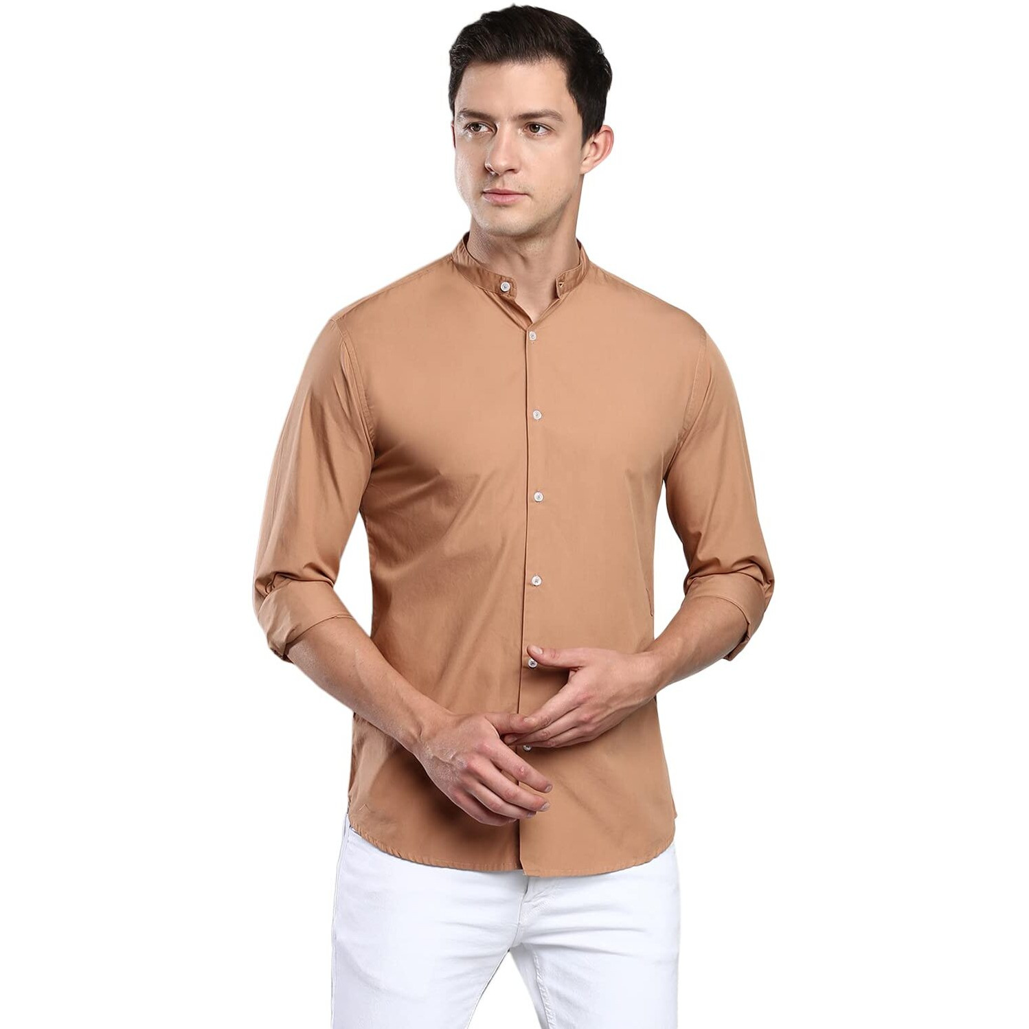 Dennis Lingo Men s Solid Camel Brown Slim Fit Cotton Casual Shirt (CC201_CAMEL_XL)