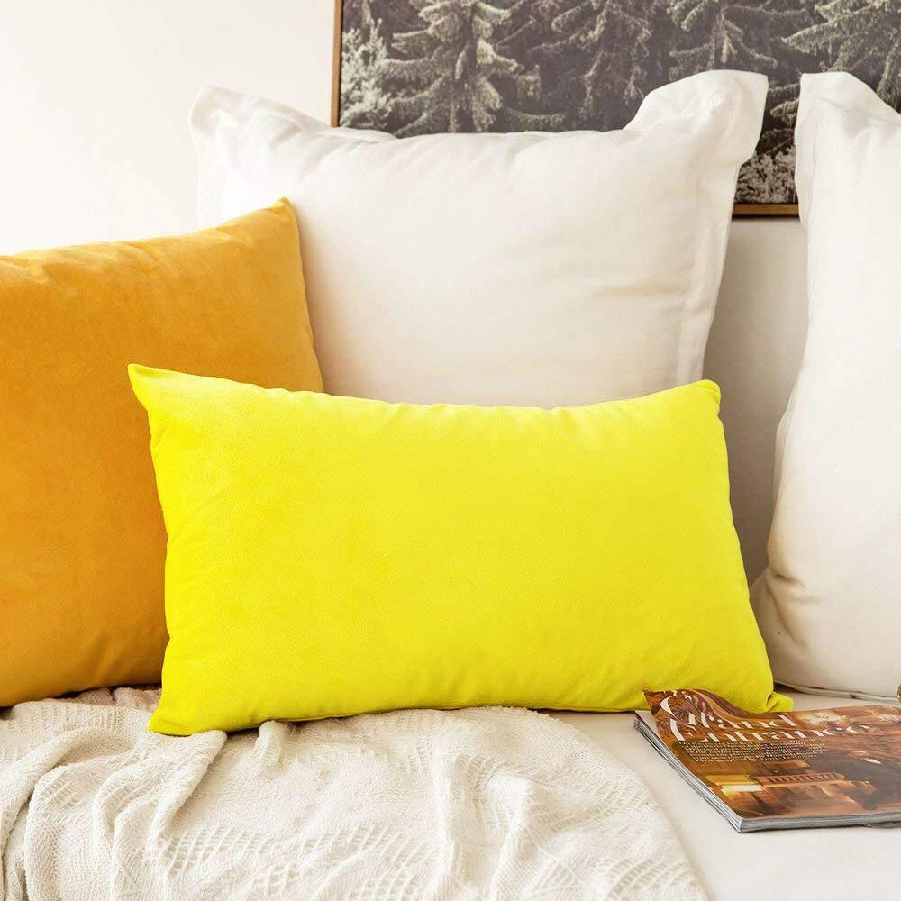 Khooti Decorative Velvet Square Cushion Cover Throw Pillow Cover for Living Room Couch Diwan Single Seater Sofa, Colourful Modern 12 x 18 Inches / 30 x 45 cm (Colour - Lemon Yellow)(Set of 1 Piece)