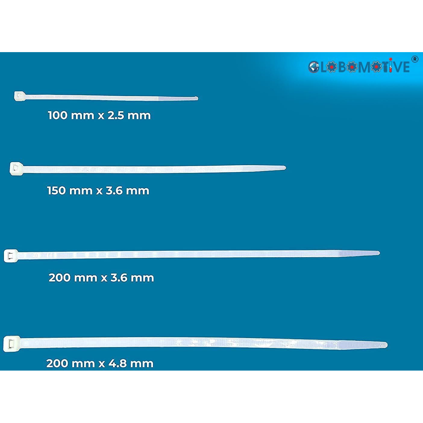GLOBOMOTIVE Teeth Grip Nylon Self Locking Cable Ties, White (150 mm x 3.6 mm, 6 inch, Pack of 100) - Heavy Duty Strong Zip Wire Fastener Organizer Tie