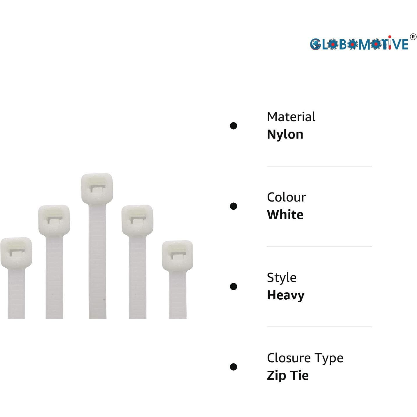 GLOBOMOTIVE Teeth Grip Nylon Self Locking Cable Ties, White (150 mm x 3.6 mm, 6 inch, Pack of 100) - Heavy Duty Strong Zip Wire Fastener Organizer Tie