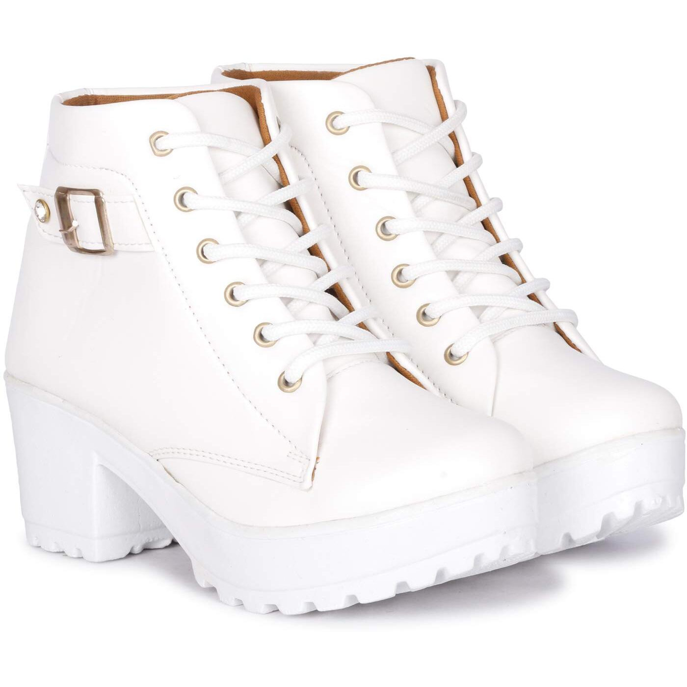 KRAFTER High Ankle Denim Synthetic Leather Casual Boots for Womens and Girls White Buckle-UK-6