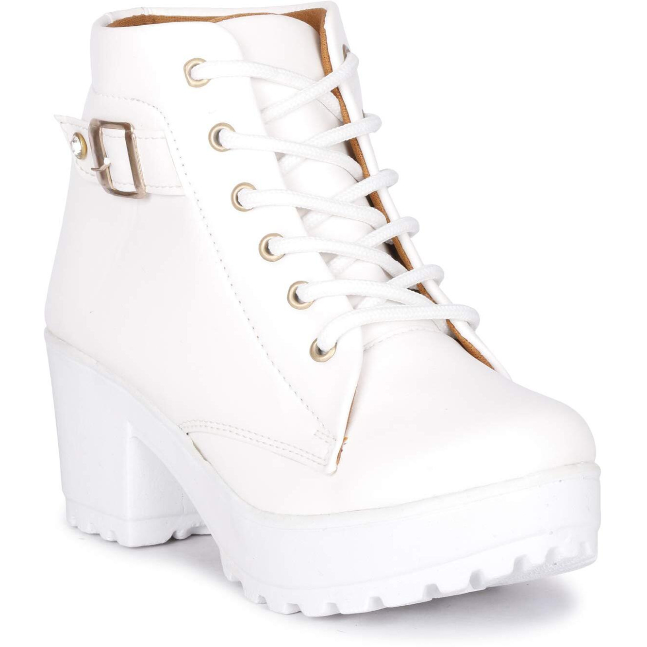 KRAFTER High Ankle Denim Synthetic Leather Casual Boots for Womens and Girls White Buckle-UK-6