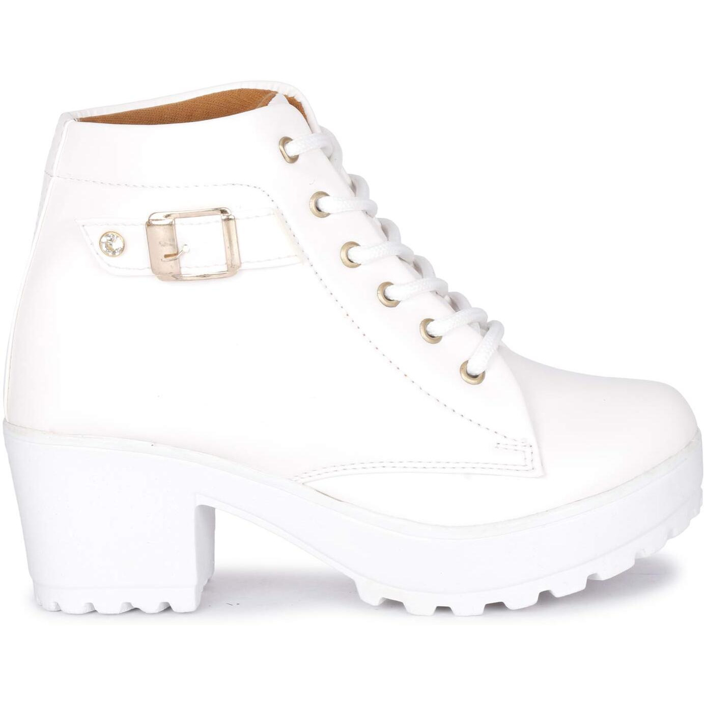 KRAFTER High Ankle Denim Synthetic Leather Casual Boots for Womens and Girls White Buckle-UK-6
