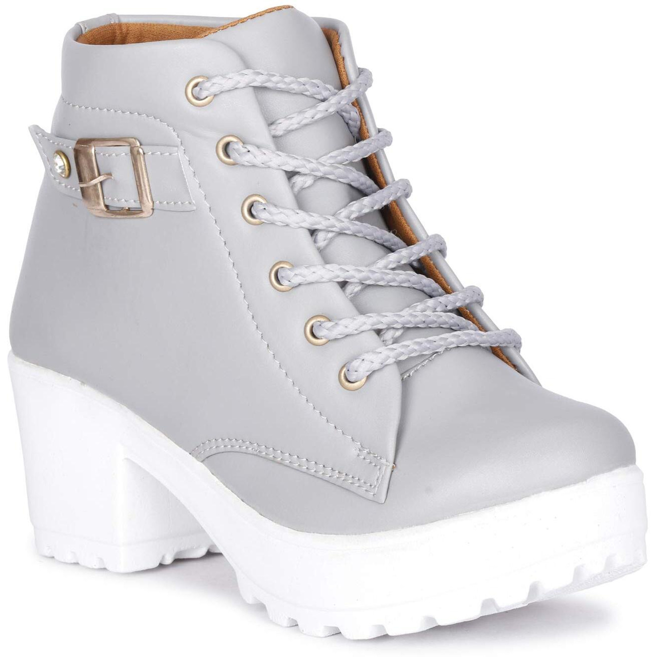 KRAFTER Leather Women s and Girls High Ankle Denim Synthetic Casual Combat Boots (Grey, 6 UK)