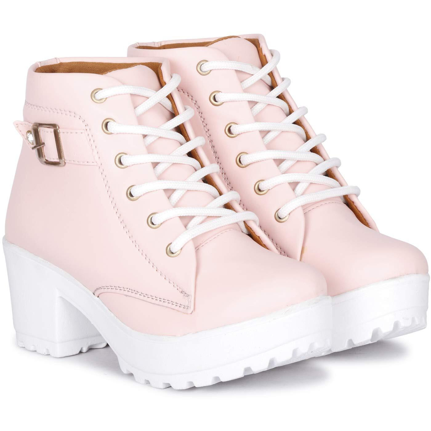 KRAFTER Women s High Ankle Denim Synthetic Leather Casual Boots (Pink Buckle, 7 UK)