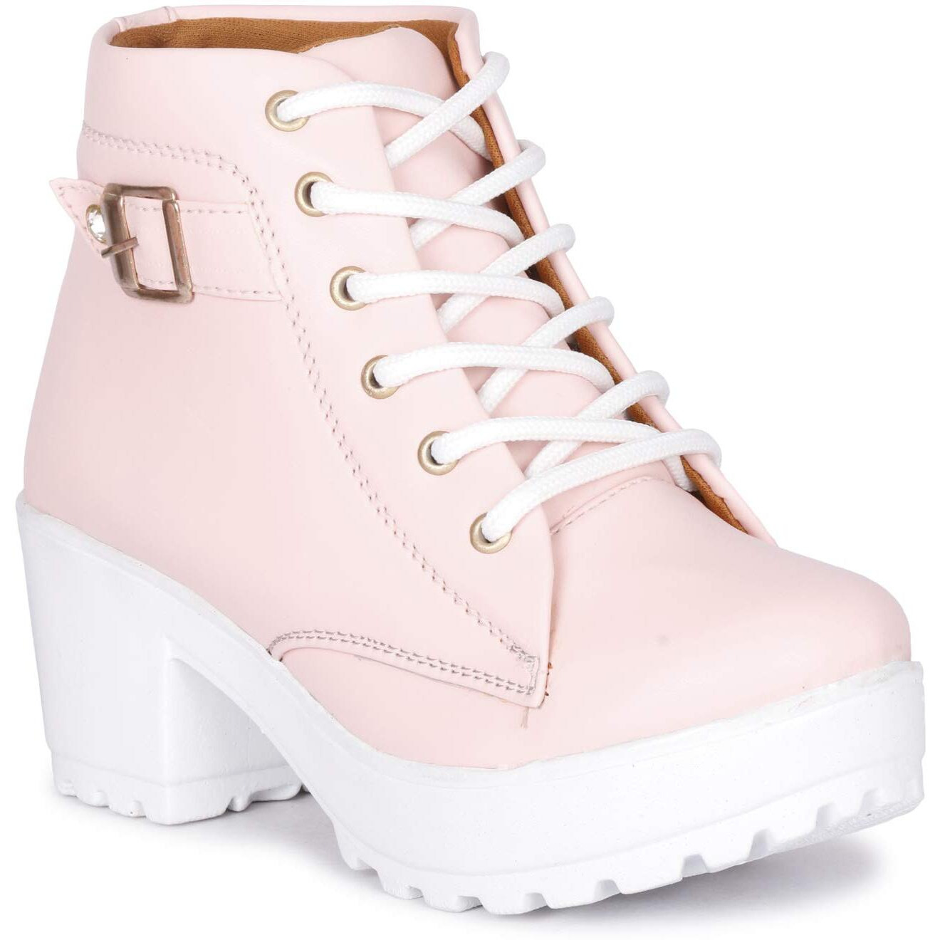 KRAFTER Women s High Ankle Denim Synthetic Leather Casual Boots (Pink Buckle, 7 UK)