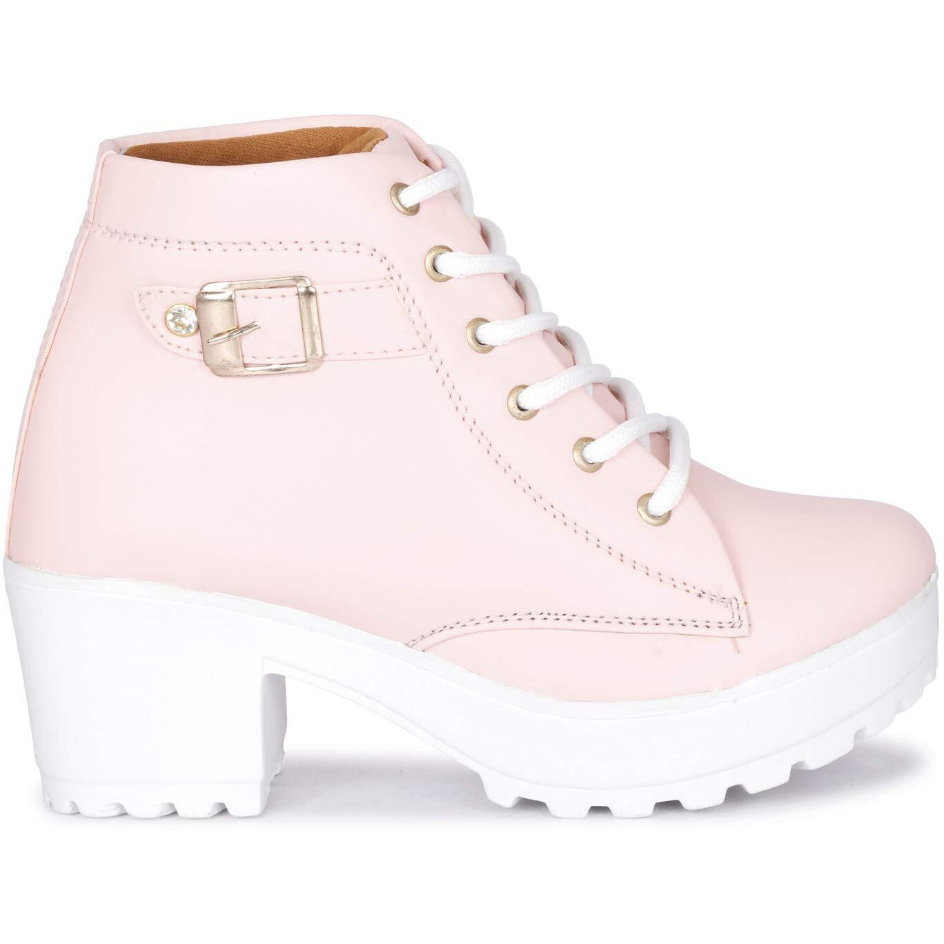 KRAFTER Women s High Ankle Denim Synthetic Leather Casual Boots (Pink Buckle, 7 UK)