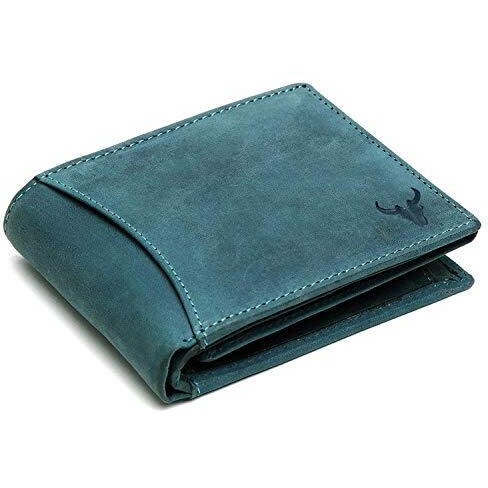 NAPA HIDE Blue Leather Wallet for Men I 2 Secret Compartments I 6 Credit/Debit Card Slots I 2 Currency Compartments I 3 Transparent ID Windows I 1 Coin & Zip Pocket