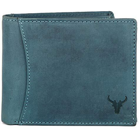 NAPA HIDE Blue Leather Wallet for Men I 2 Secret Compartments I 6 Credit/Debit Card Slots I 2 Currency Compartments I 3 Transparent ID Windows I 1 Coin & Zip Pocket