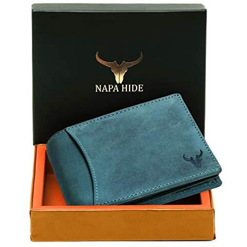 NAPA HIDE Blue Leather Wallet for Men I 2 Secret Compartments I 6 Credit/Debit Card Slots I 2 Currency Compartments I 3 Transparent ID Windows I 1 Coin & Zip Pocket