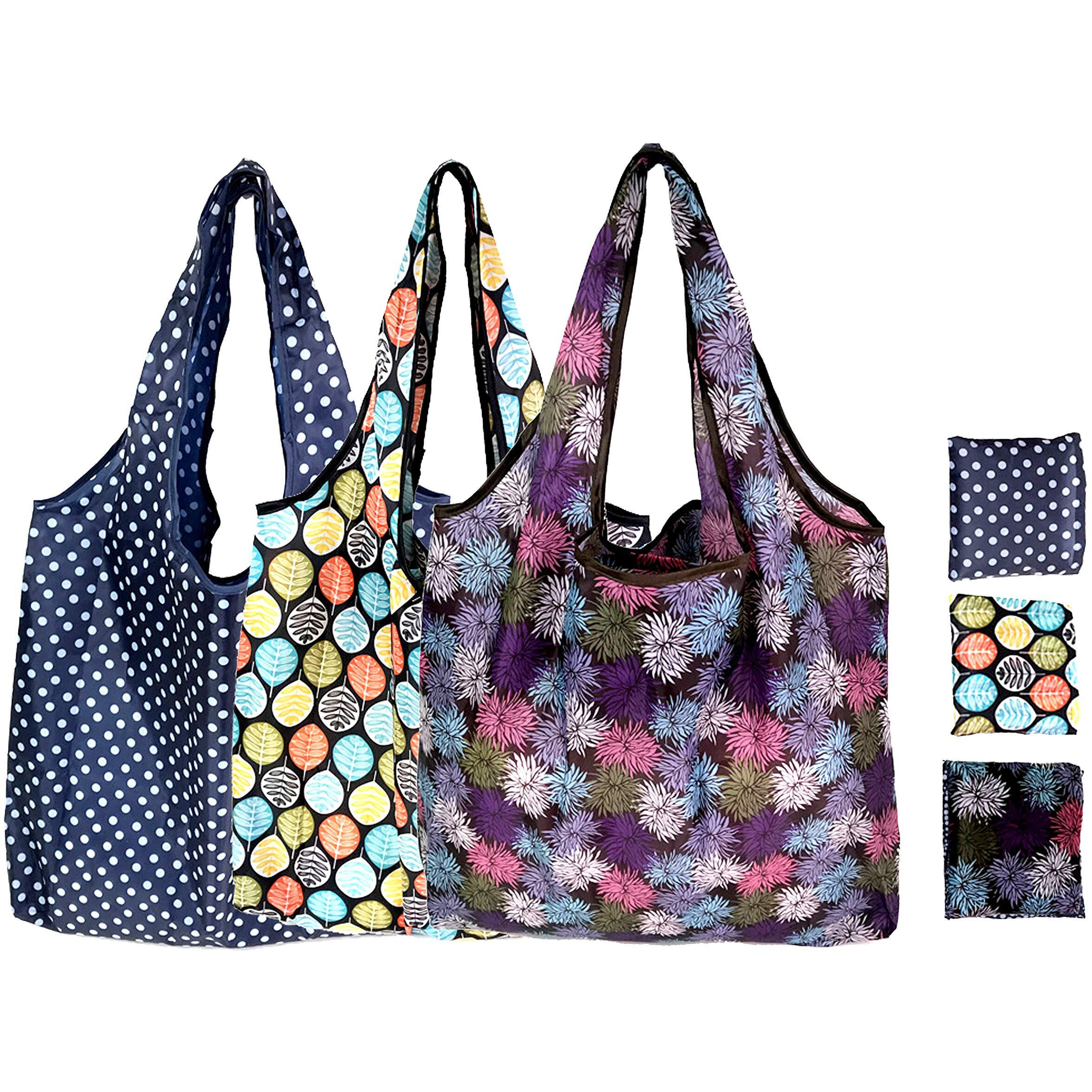 Elios Designer Pattern Reusable and Foldable Shopping Bag/Tote Hand Bag/Travel Bag/Grocery Bag | Heavy Duty, Eco Friendly | Compact, Lightweight and Convenient (Pack of 3 (A))