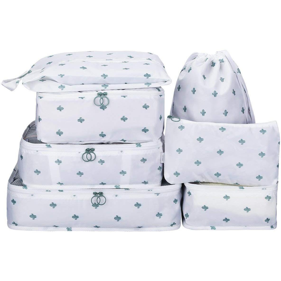 Styleys Polyester Packing Cubes Travel Organizer Lightweight Travel Organisers Garment Storage Bags With Shoe Bag (Set Of 7, White Cactus - S11003)