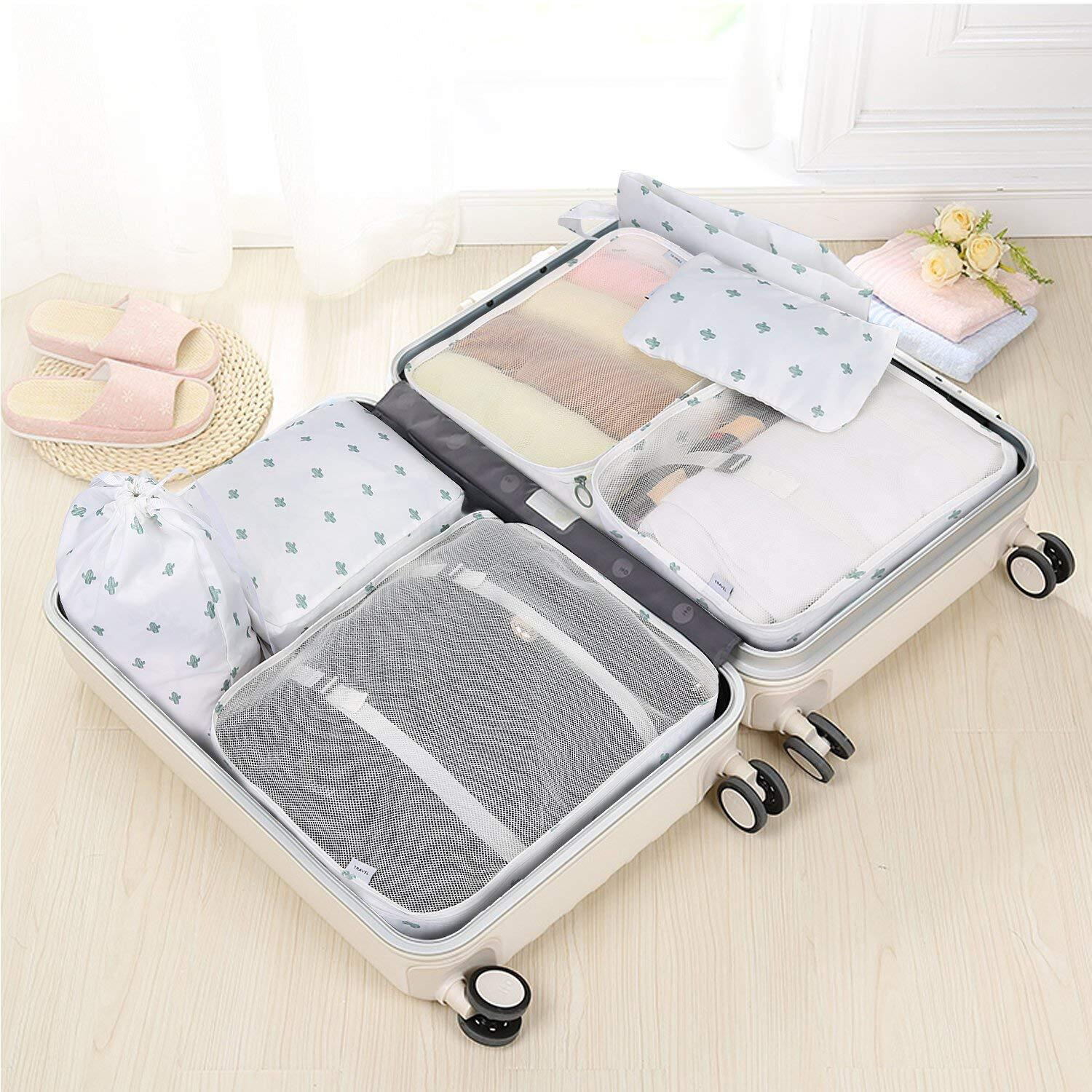 Styleys Polyester Packing Cubes Travel Organizer Lightweight Travel Organisers Garment Storage Bags With Shoe Bag (Set Of 7, White Cactus - S11003)