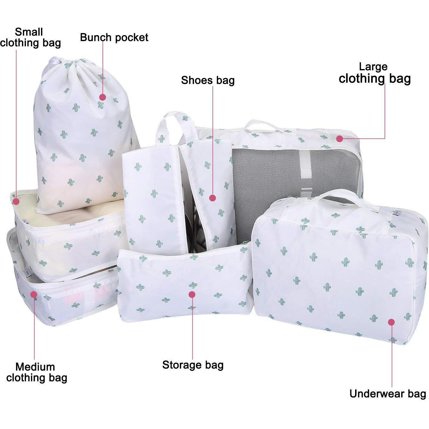 Styleys Polyester Packing Cubes Travel Organizer Lightweight Travel Organisers Garment Storage Bags With Shoe Bag (Set Of 7, White Cactus - S11003)