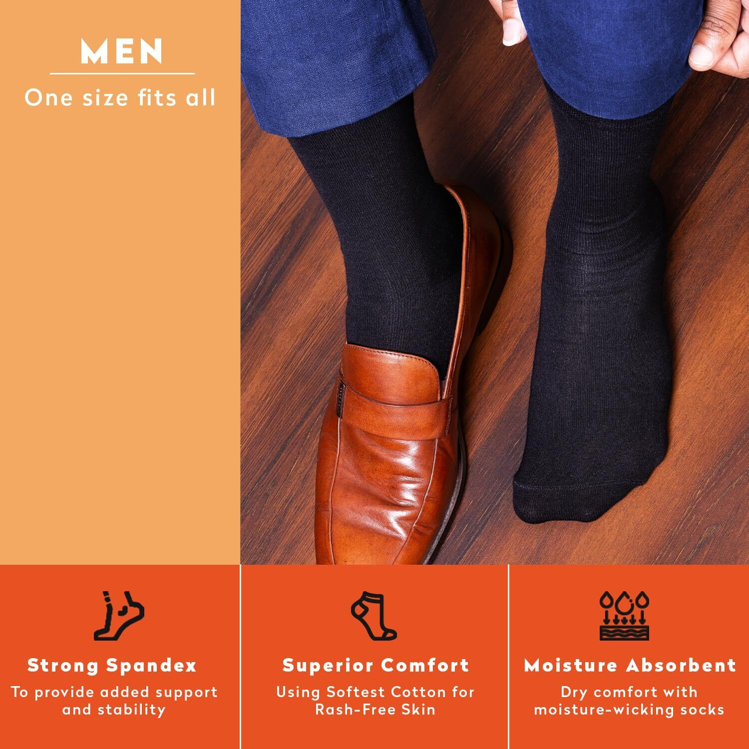 Supersox Formal/Office Crew Socks For Men Made With Premium Cotton. Reinforced Heel & Toe For Extended Durability. Anti Odour & Anti Bacterial - Pack Of 3, Free Size (Black, Regular)