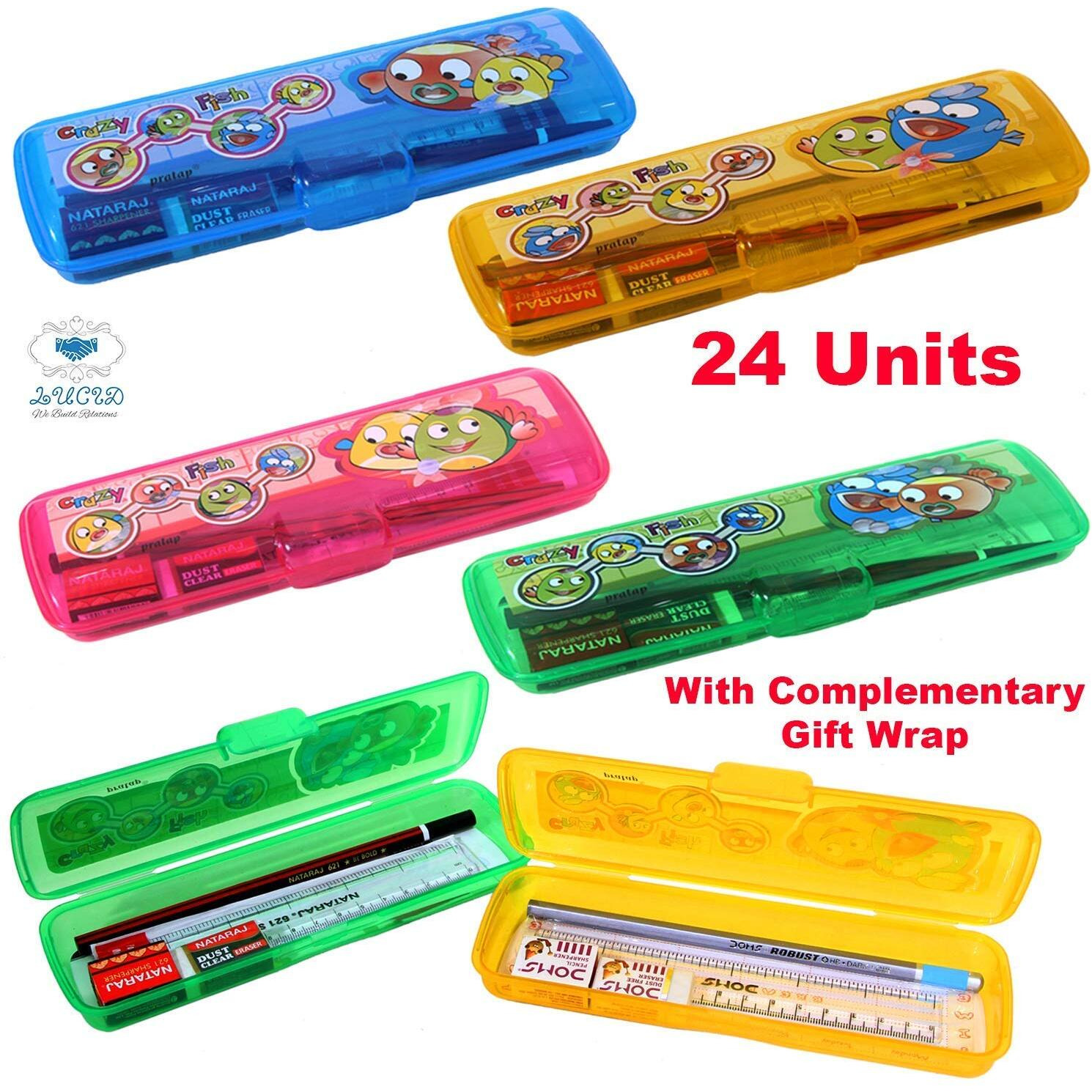 Lucid...We Build Relations Pencil Case with Pencil, Erasers, Scale, Sharpener Best for Return Gift Purpose with Complementary Gift Wrap Educational Science Party Toy (Pack of 24)