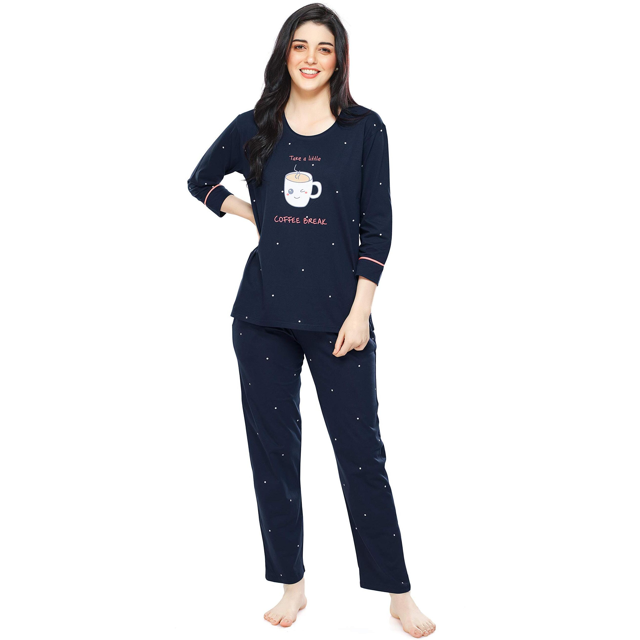 ZEYO Women s Cotton Dot Printed Navy Blue Night Suit set of Top & Pyjama 5281