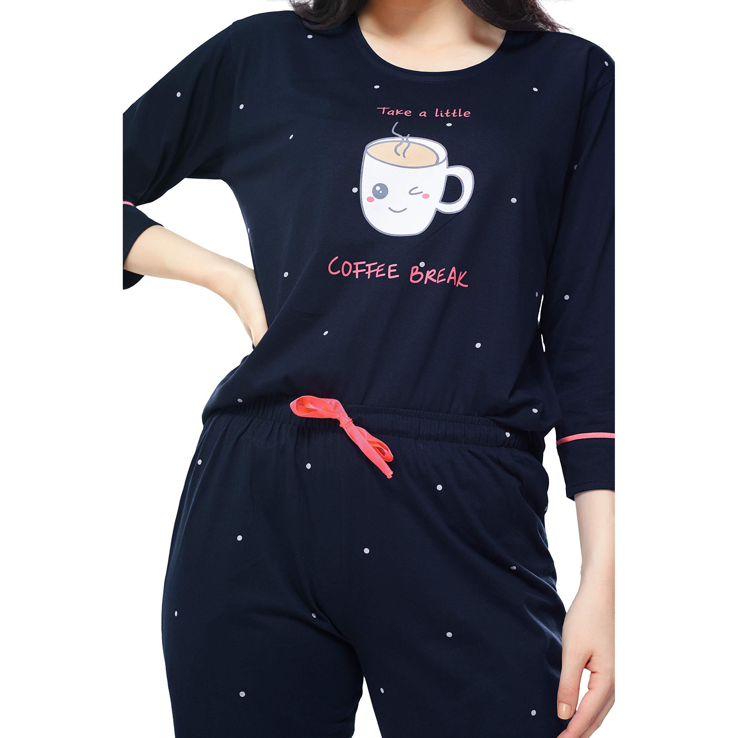 ZEYO Women s Cotton Dot Printed Navy Blue Night Suit set of Top & Pyjama 5281