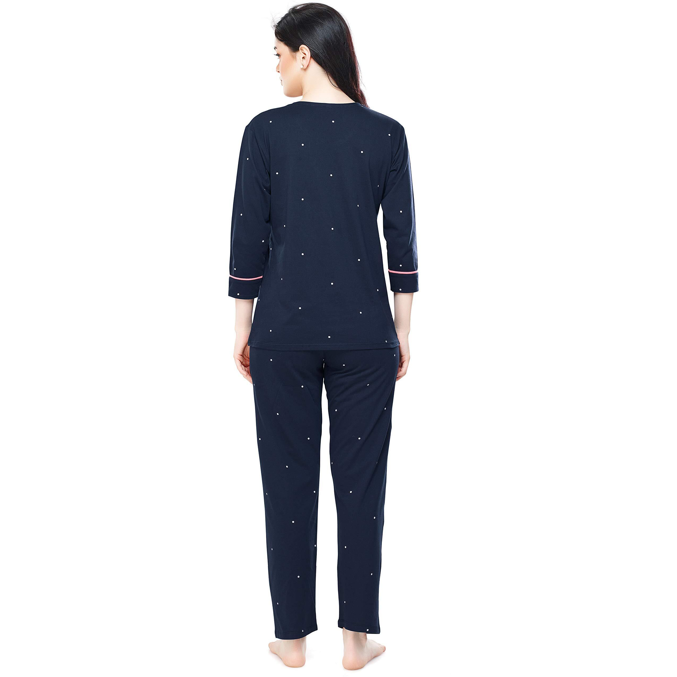 ZEYO Women s Cotton Dot Printed Navy Blue Night Suit set of Top & Pyjama 5281