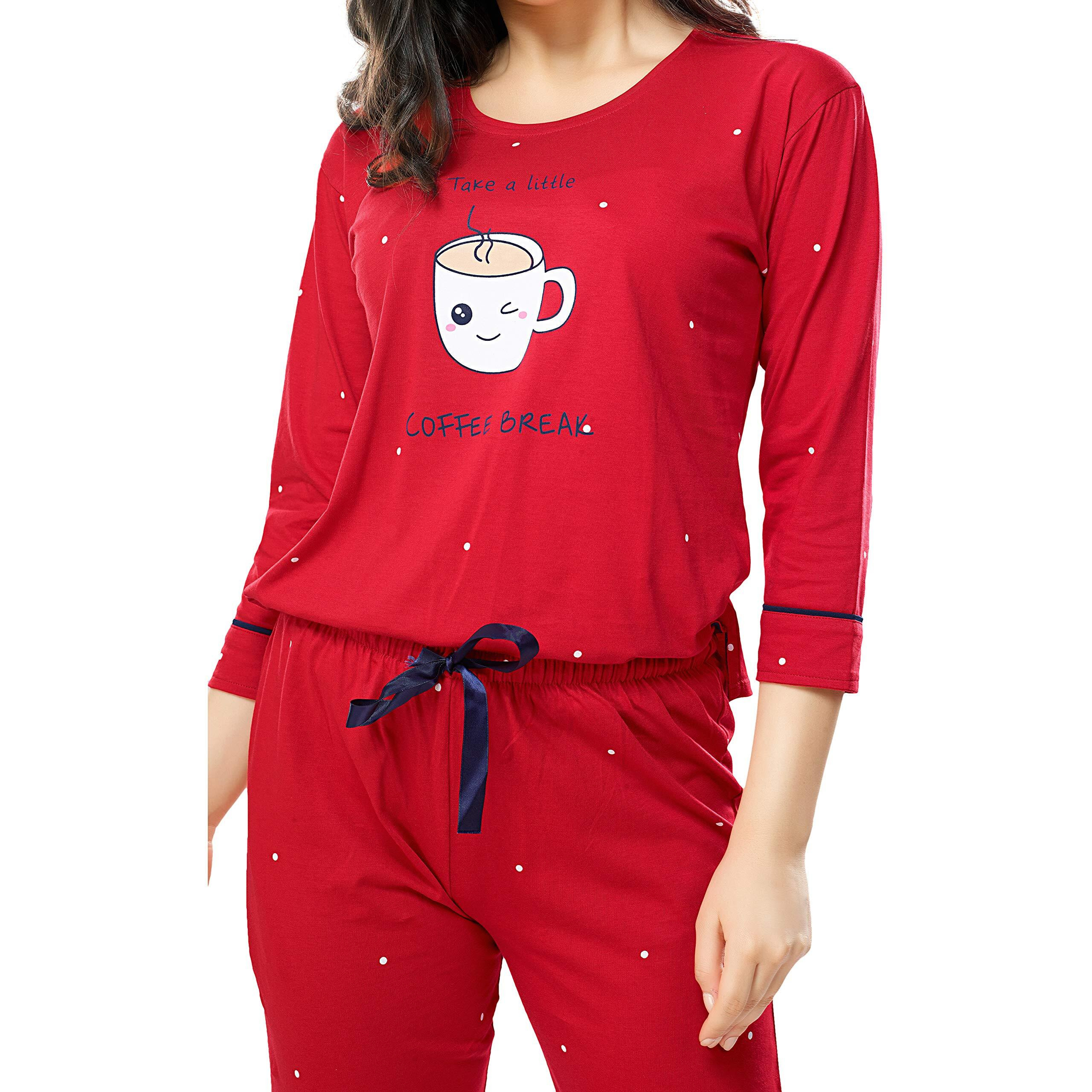 ZEYO Women s Cotton Dot Printed Red Night Suit Set Of Top & Pajama Set 5281