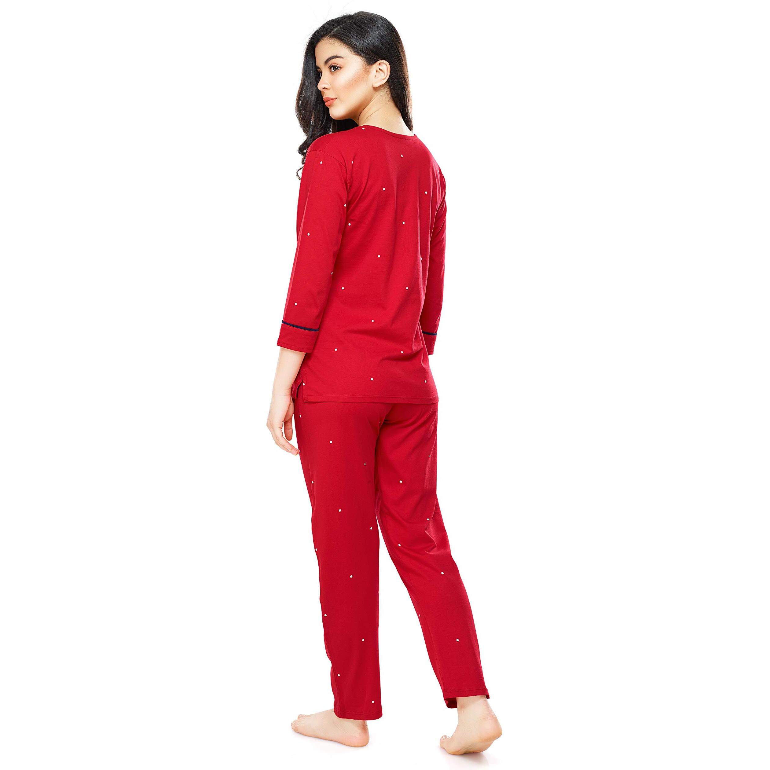 ZEYO Women s Cotton Dot Printed Red Night Suit Set Of Top & Pajama Set 5281