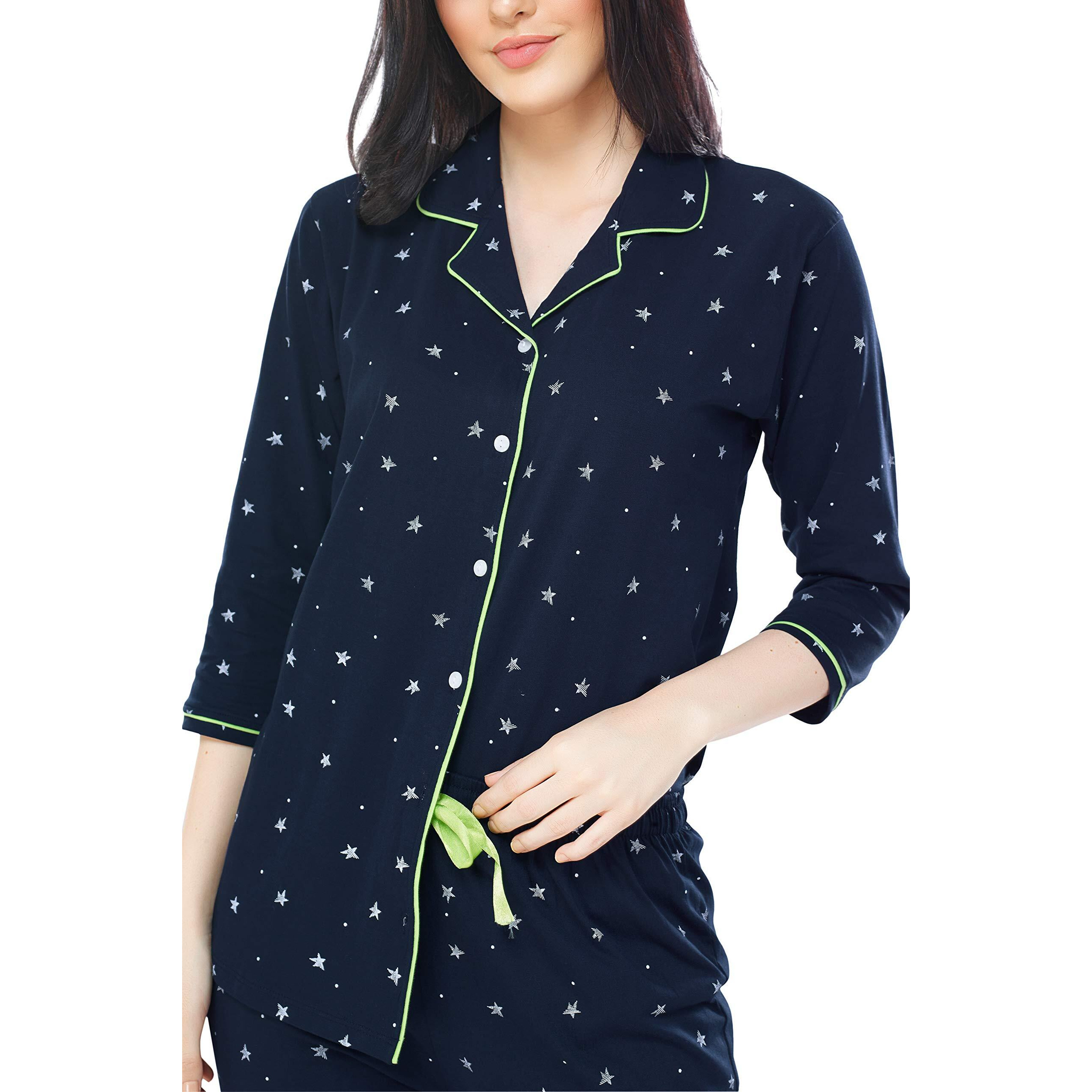 ZEYO Women s Cotton Star Printed Navy Blue Night Suit Shirt & Pajama Set 5271 (Large)