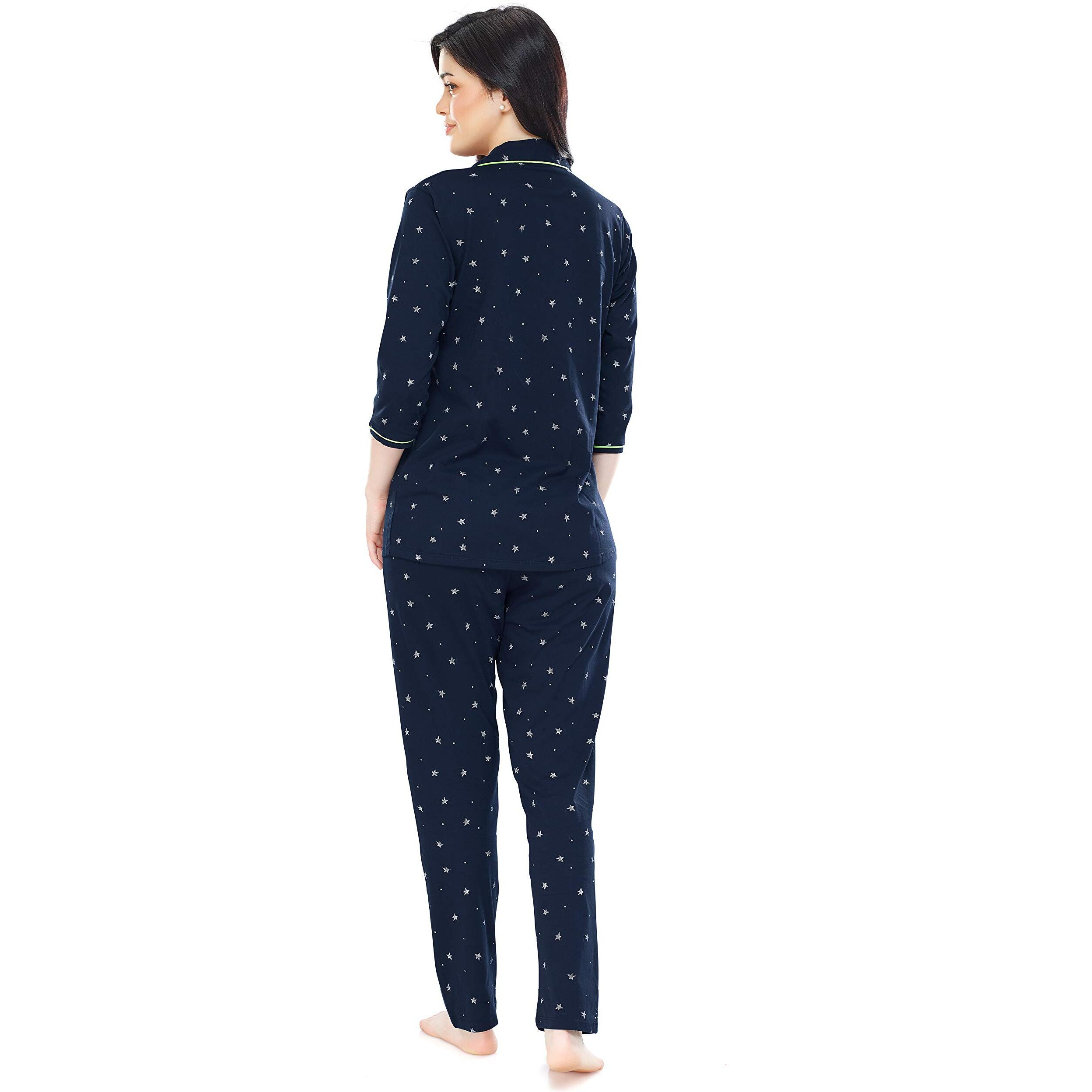 ZEYO Women s Cotton Star Printed Navy Blue Night Suit Shirt & Pajama Set 5271 (Large)