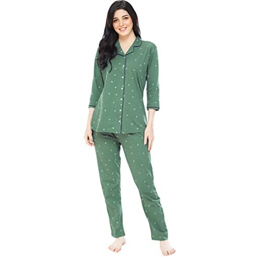 ZEYO Women s Cotton Star Printed Green Pajama Set Night Suit Set Of Shirt & Pyjama 5271, Small