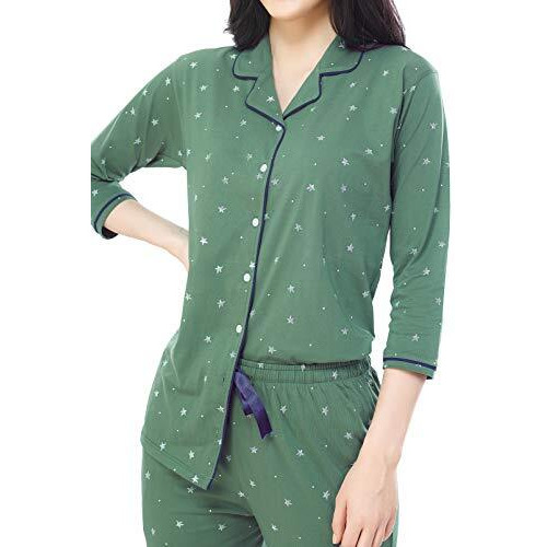 ZEYO Women s Cotton Star Printed Green Pajama Set Night Suit Set Of Shirt & Pyjama 5271, Small