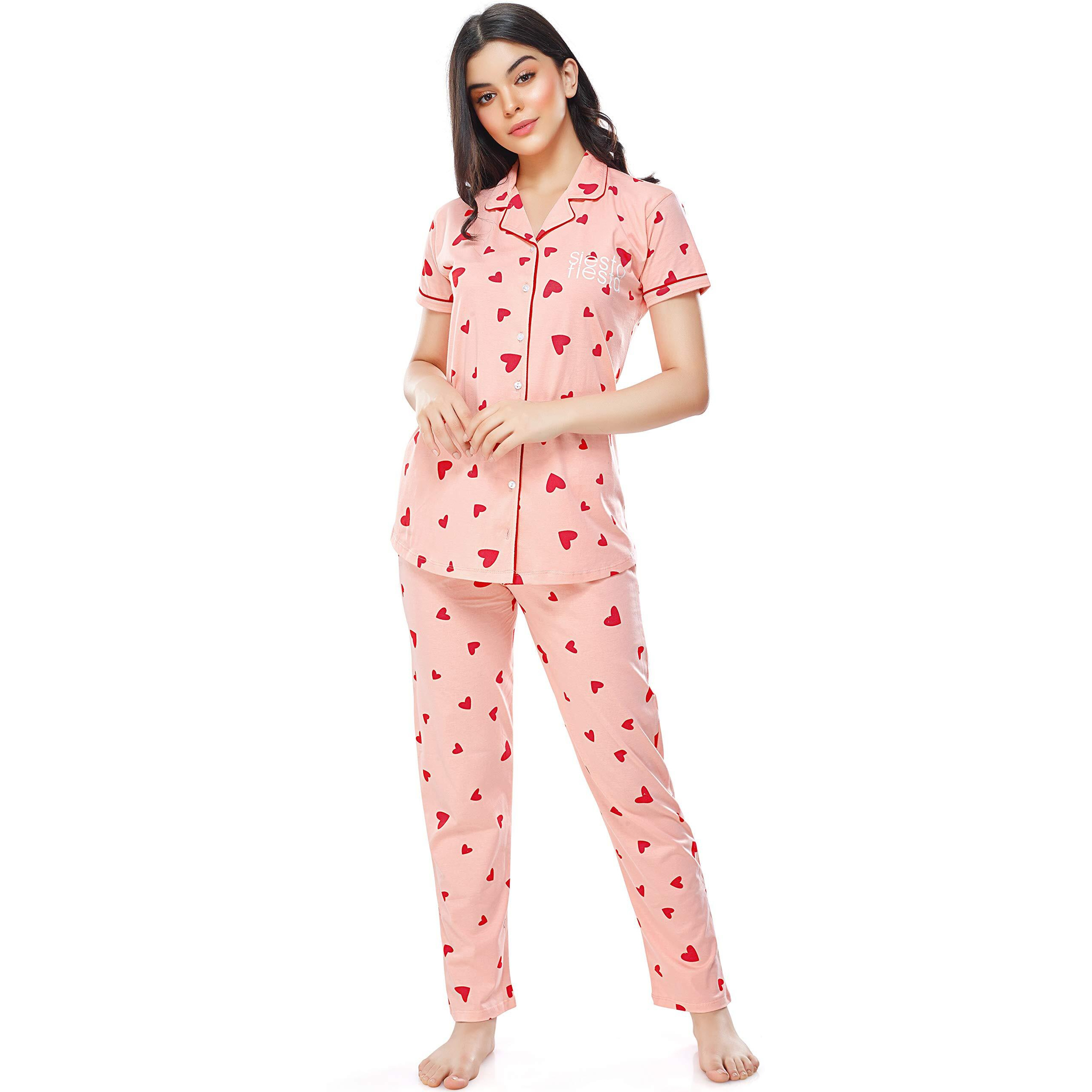 ZEYO Women s Cotton Heart Printed Pink Night Suit Shirt & Pajama Set 5250 (Large)