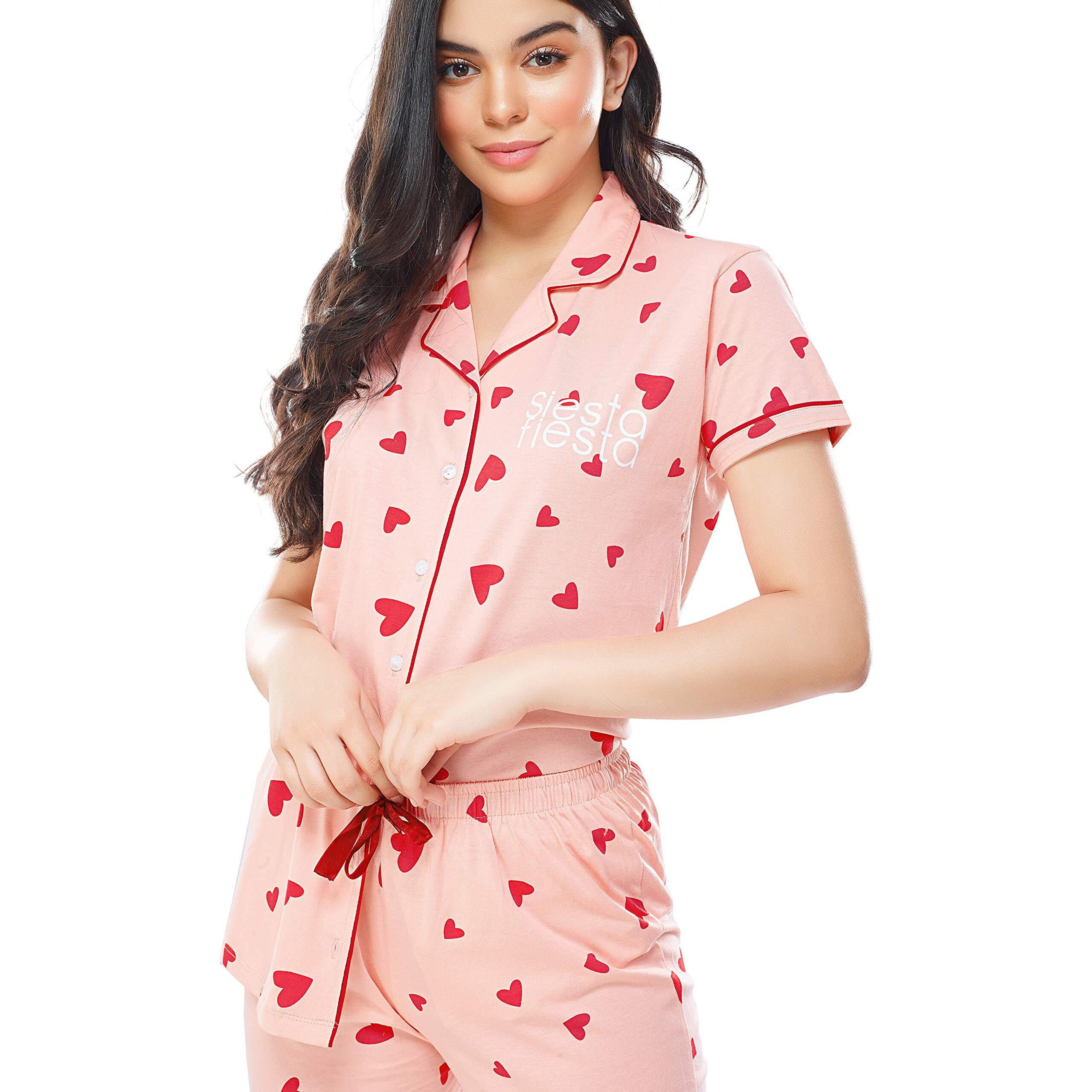 ZEYO Women s Cotton Heart Printed Pink Night Suit Shirt & Pajama Set 5250 (Large)