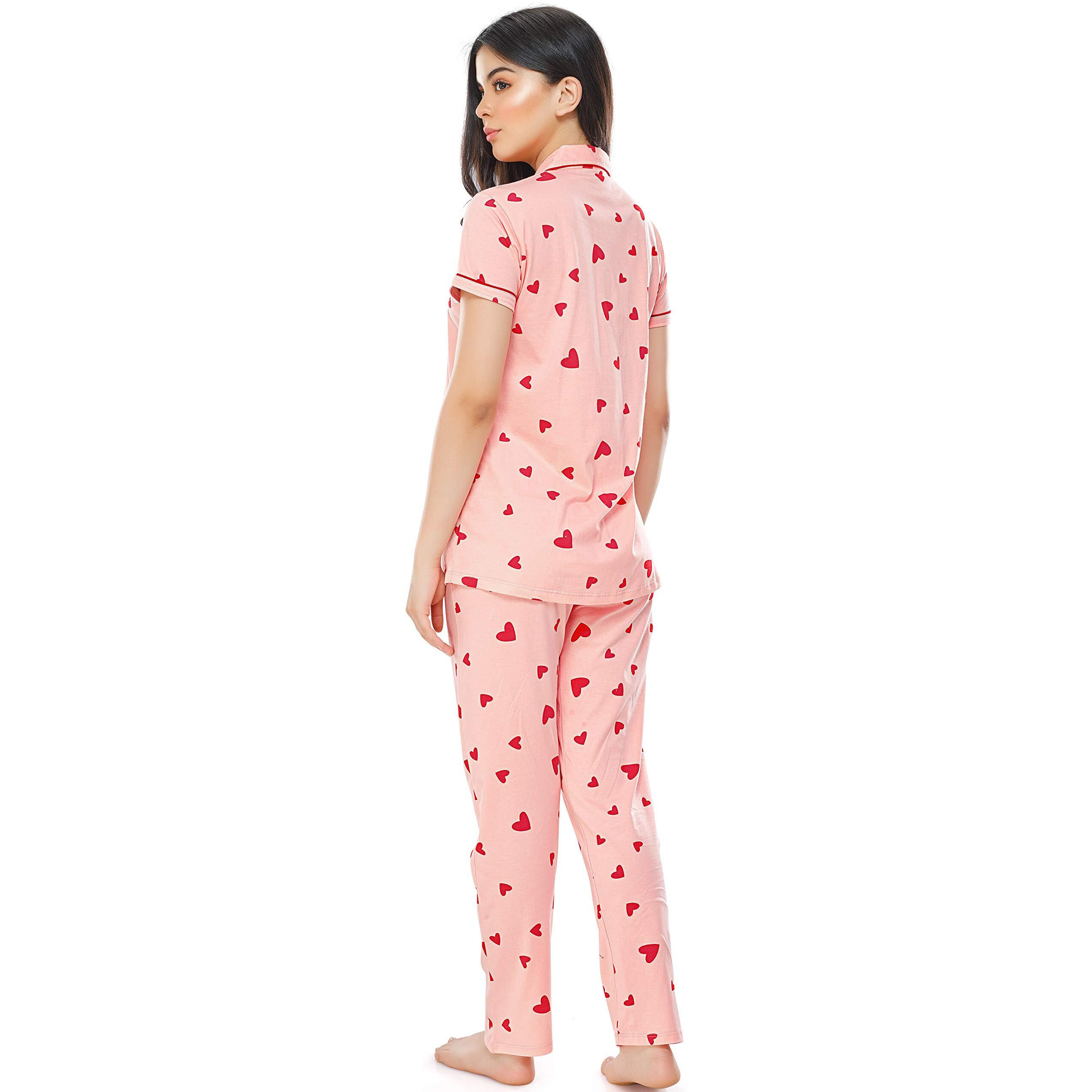 ZEYO Women s Cotton Heart Printed Pink Night Suit Shirt & Pajama Set 5250 (Large)