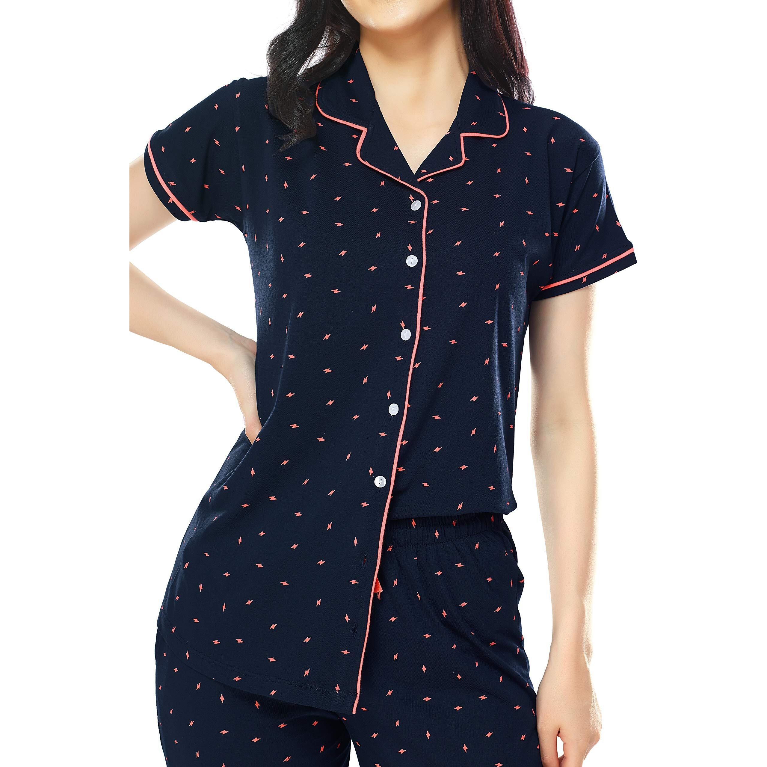ZEYO Women s Cotton Flash Printed Navy Blue Pajama Set/ Night Suit Set Of Shirt & Pyjama 5251