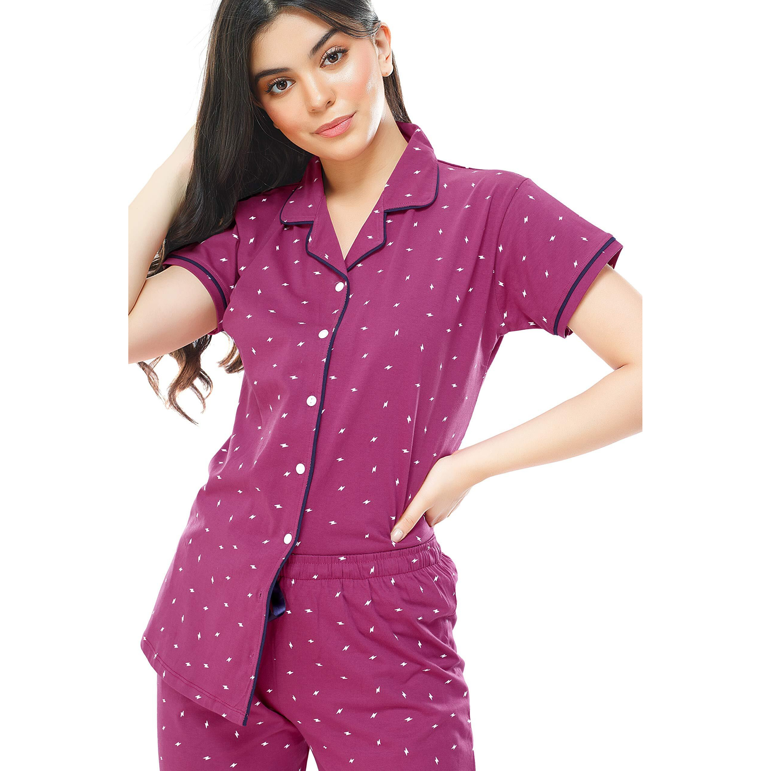 ZEYO Women s Cotton Flash Printed Wine Night Suit Set Of Shirt & Pajama Set 5251