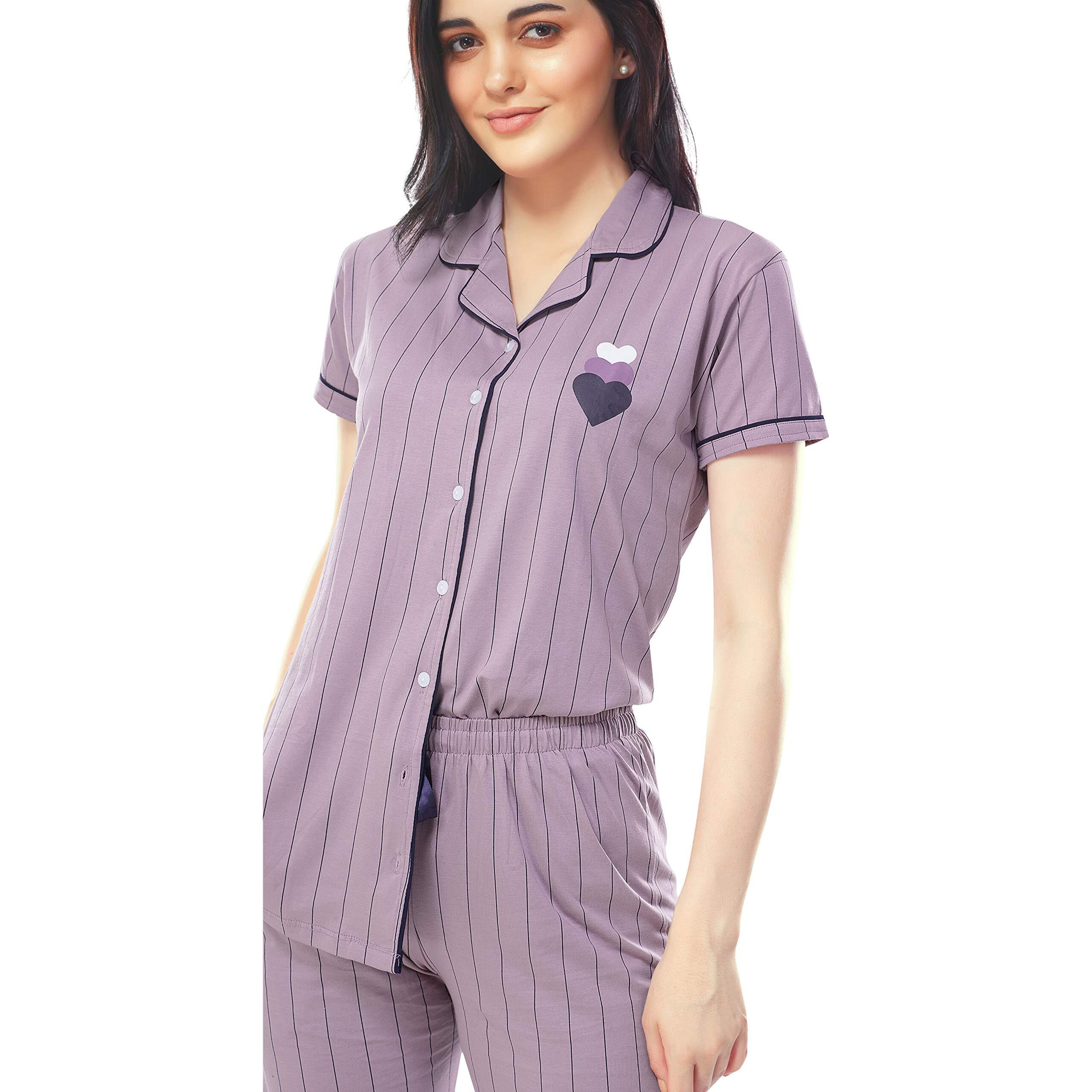 ZEYO Women s Cotton Strip Printed Lavender Night Suit Shirt & Pajama Set 5261 (Large)