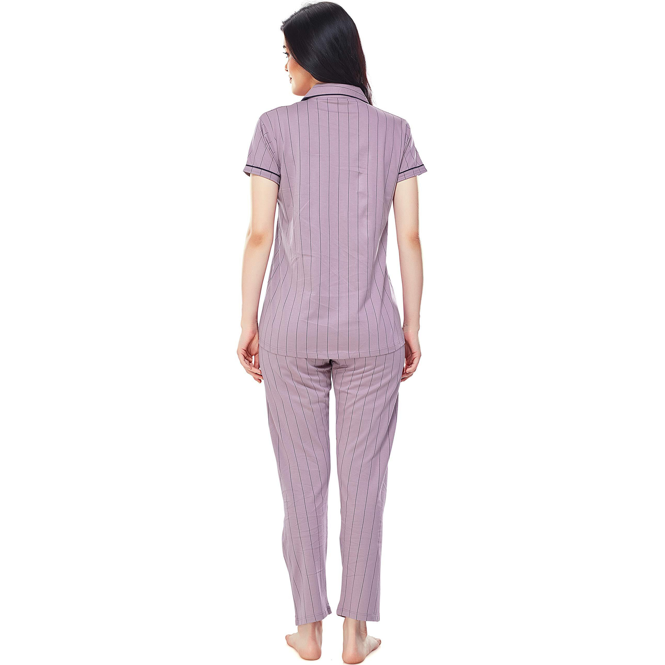 ZEYO Women s Cotton Strip Printed Lavender Night Suit Shirt & Pajama Set 5261 (Large)