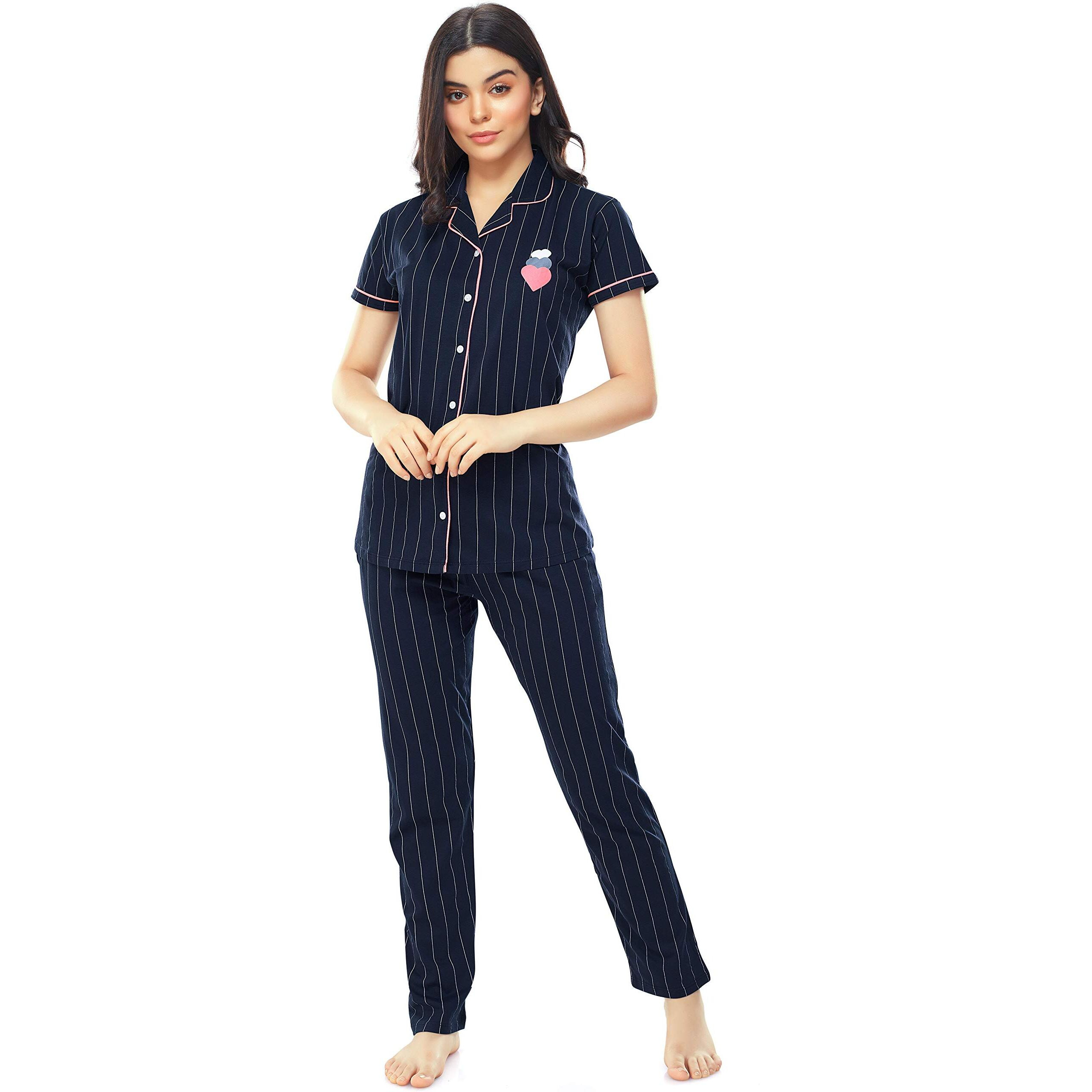 ZEYO Women s Cotton Strip Printed Navy Blue Night Suit Shirt & Pajama Set 5261 (Large)