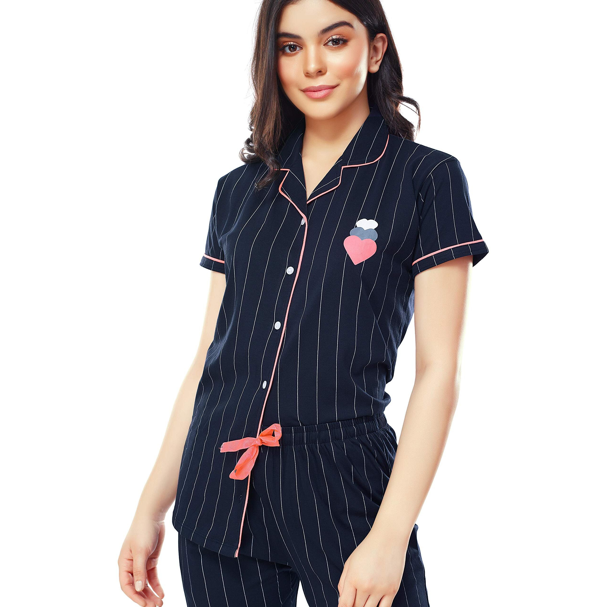 ZEYO Women s Cotton Strip Printed Navy Blue Night Suit Shirt & Pajama Set 5261 (Large)