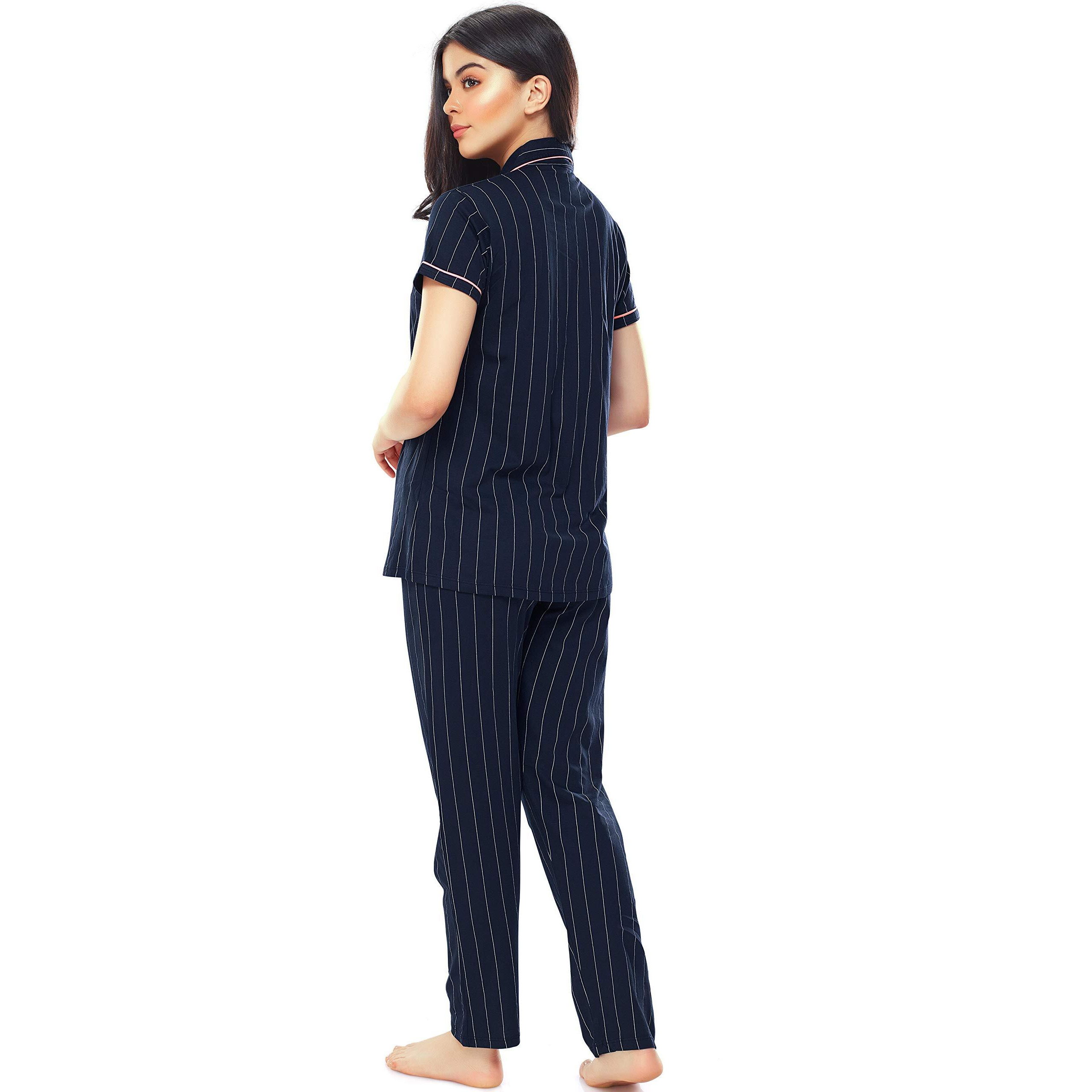 ZEYO Women s Cotton Strip Printed Navy Blue Night Suit Shirt & Pajama Set 5261 (Large)