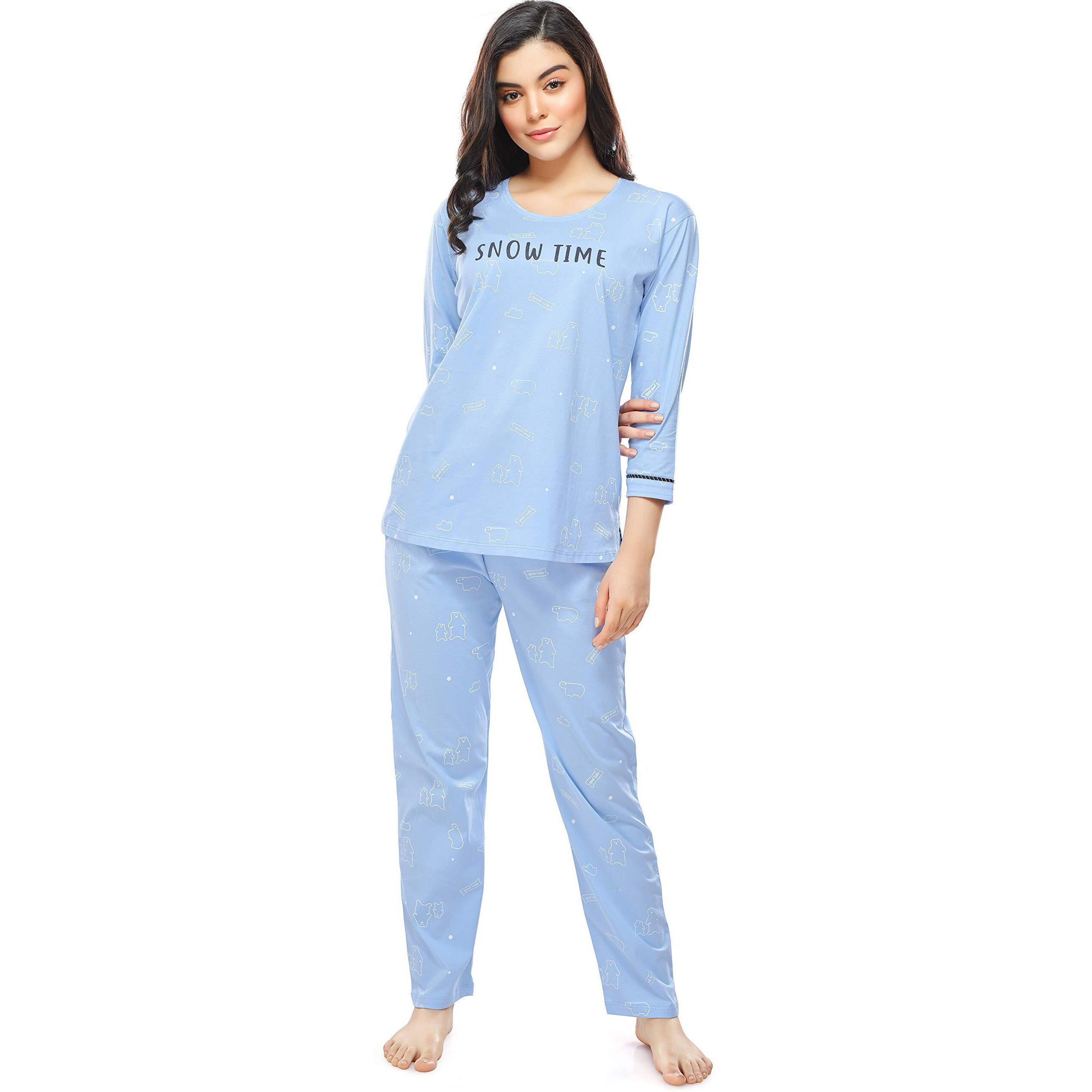 ZEYO Women s Cotton Polar Bear Printed Blue Night Suit Set of Top & Pajama Set 5287
