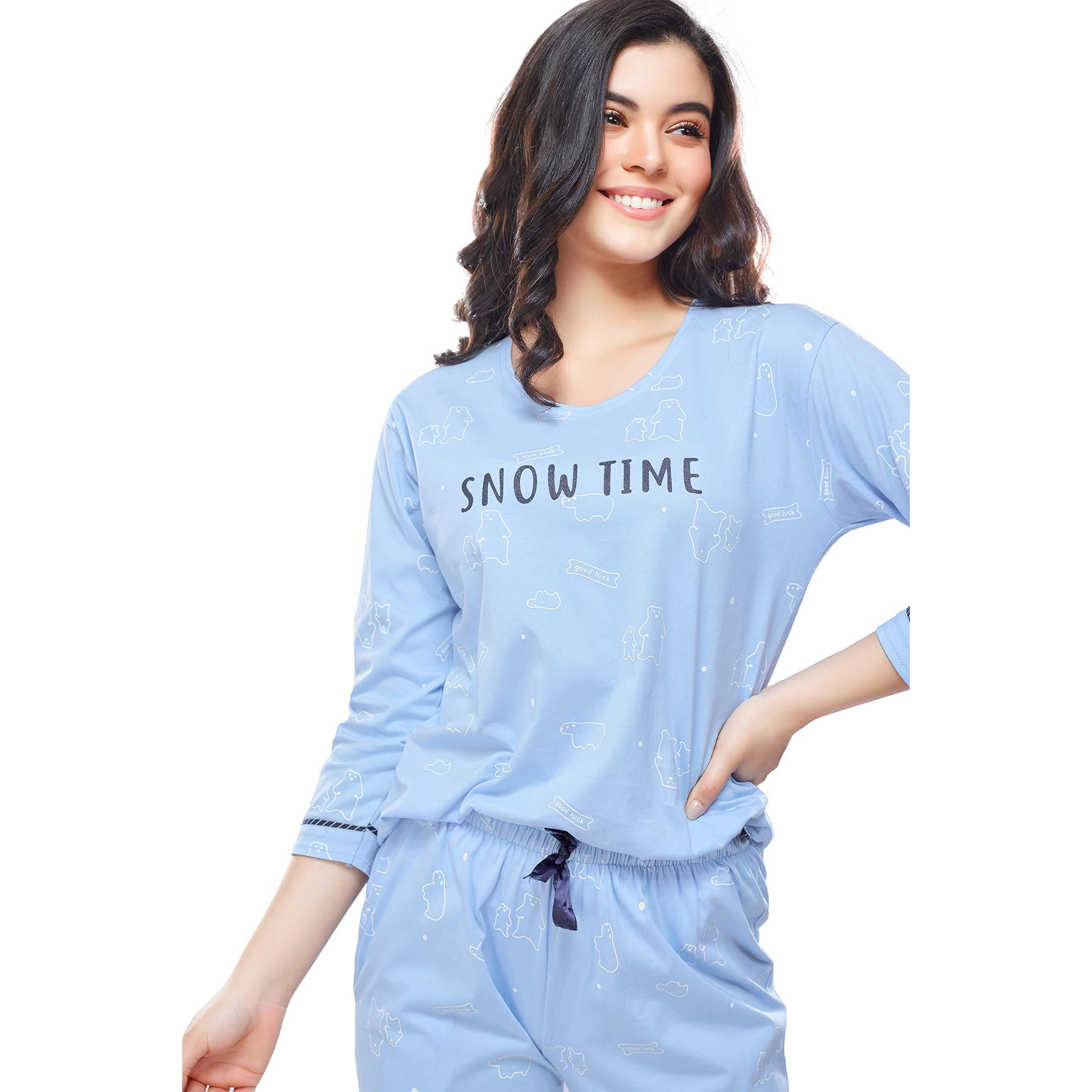 ZEYO Women s Cotton Polar Bear Printed Blue Night Suit Set of Top & Pajama Set 5287