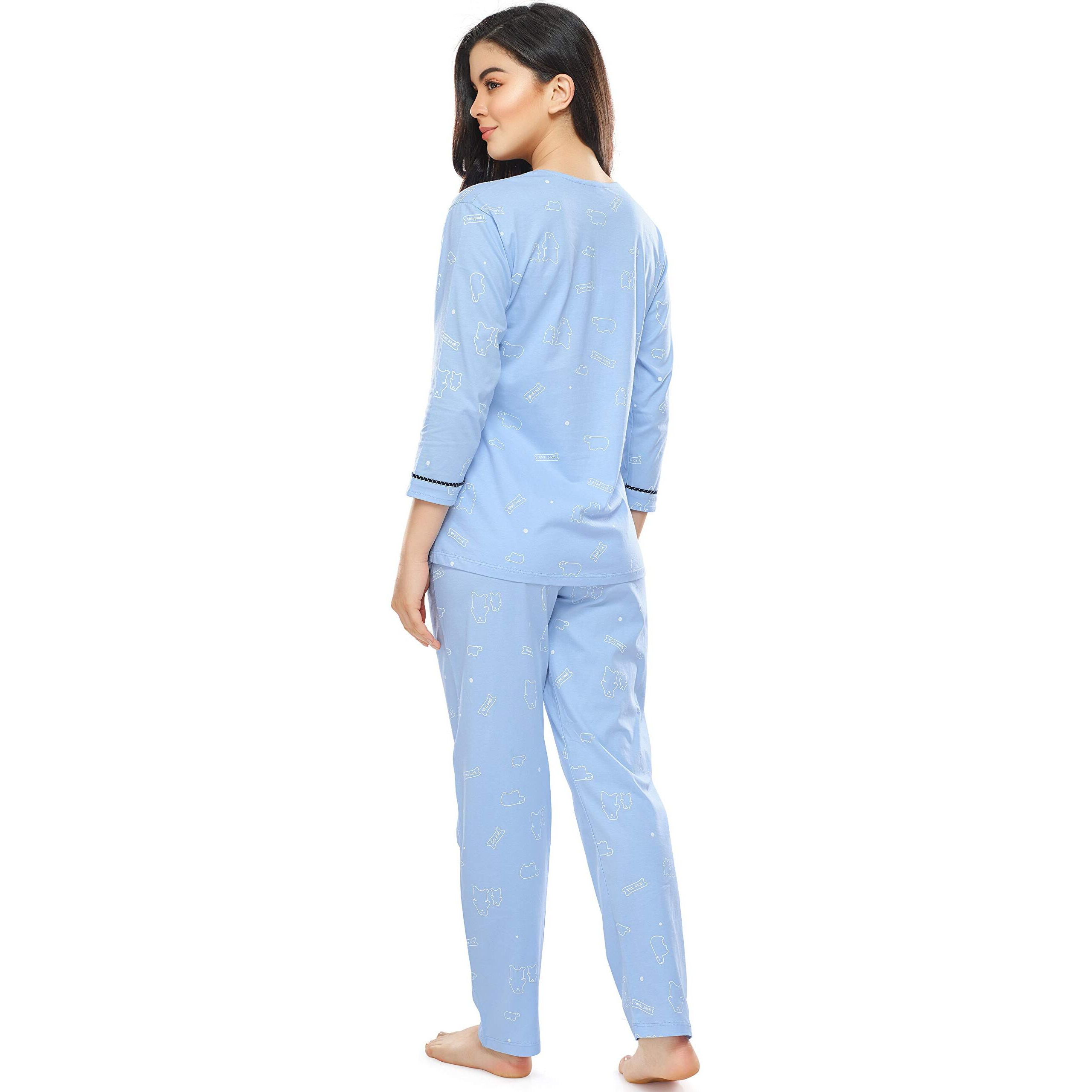ZEYO Women s Cotton Polar Bear Printed Blue Night Suit Set of Top & Pajama Set 5287