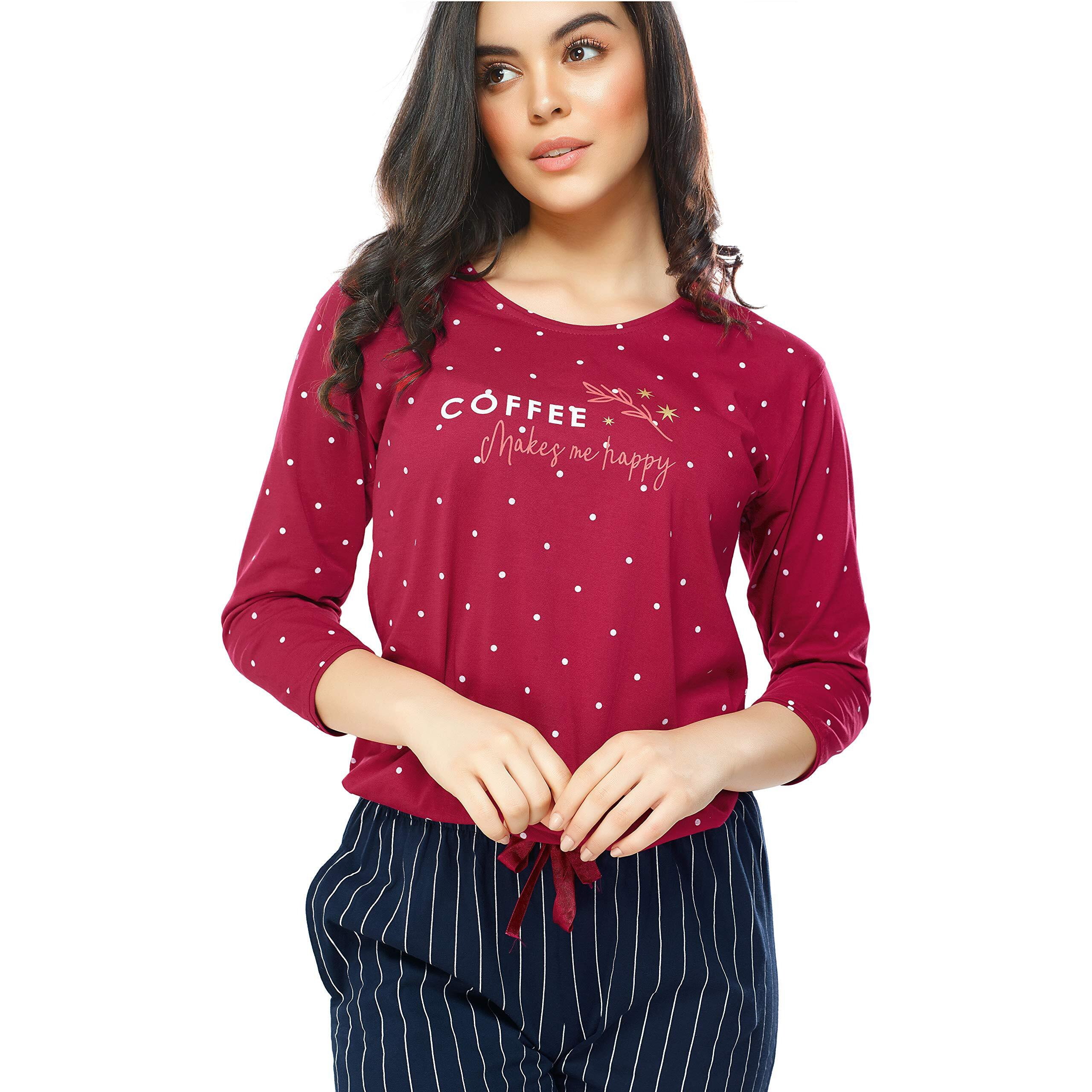 ZEYO Women s Cotton Dot Printed Red Night Suit Set Of Top & Pajama Set 5282