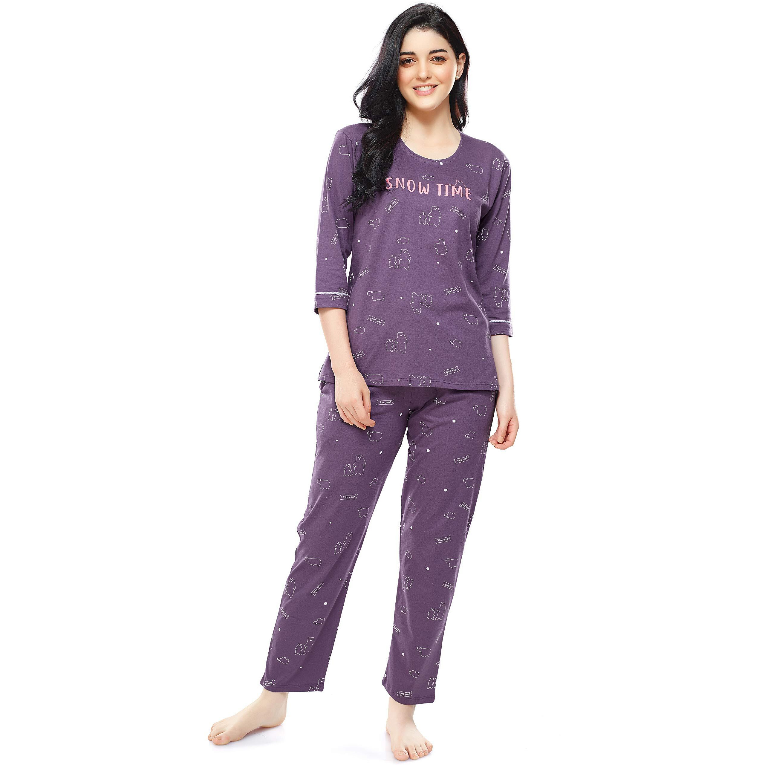 ZEYO Women s Cotton Polar Bear Printed Purple Night Suit set of Top & Pyjama 5287