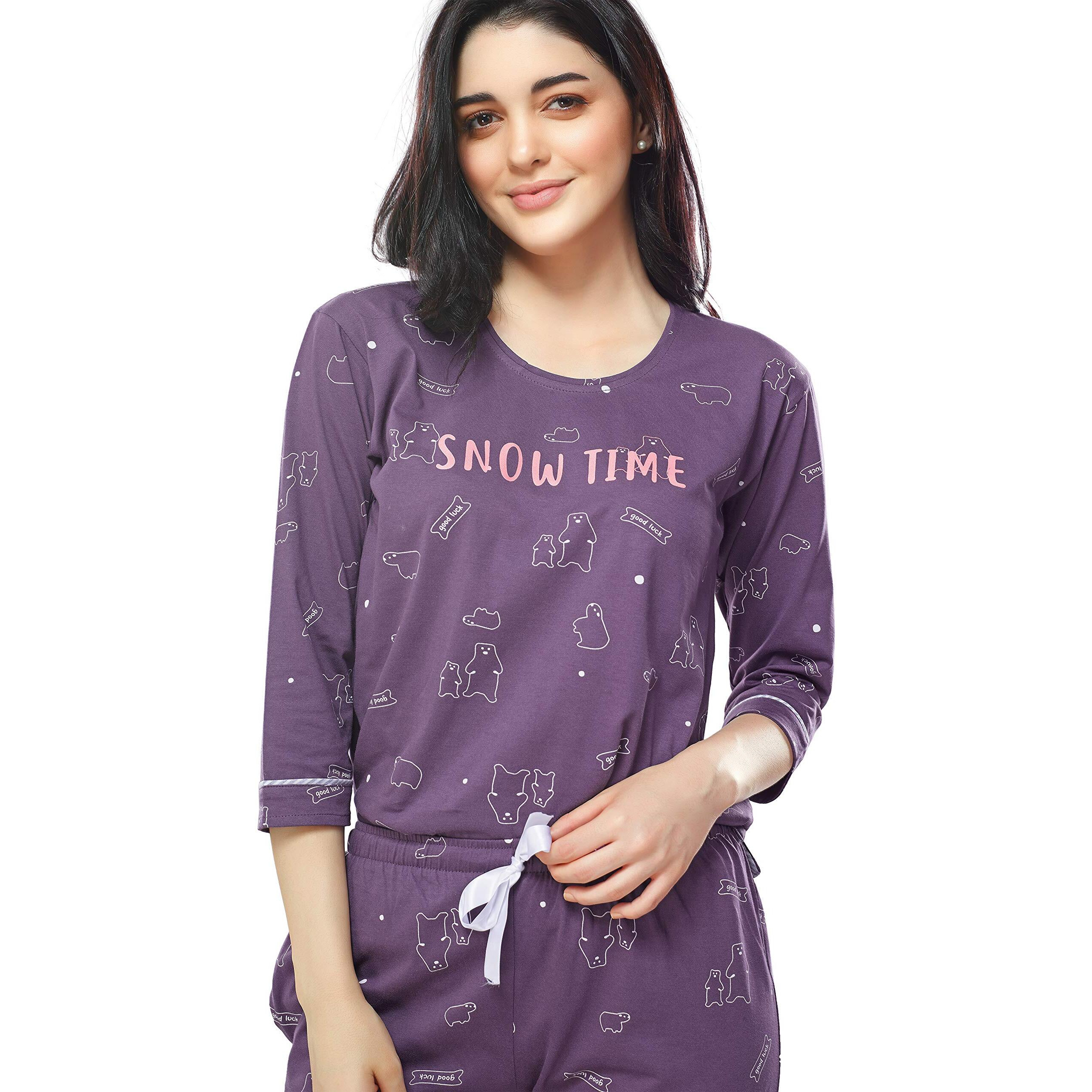 ZEYO Women s Cotton Polar Bear Printed Purple Night Suit set of Top & Pyjama 5287