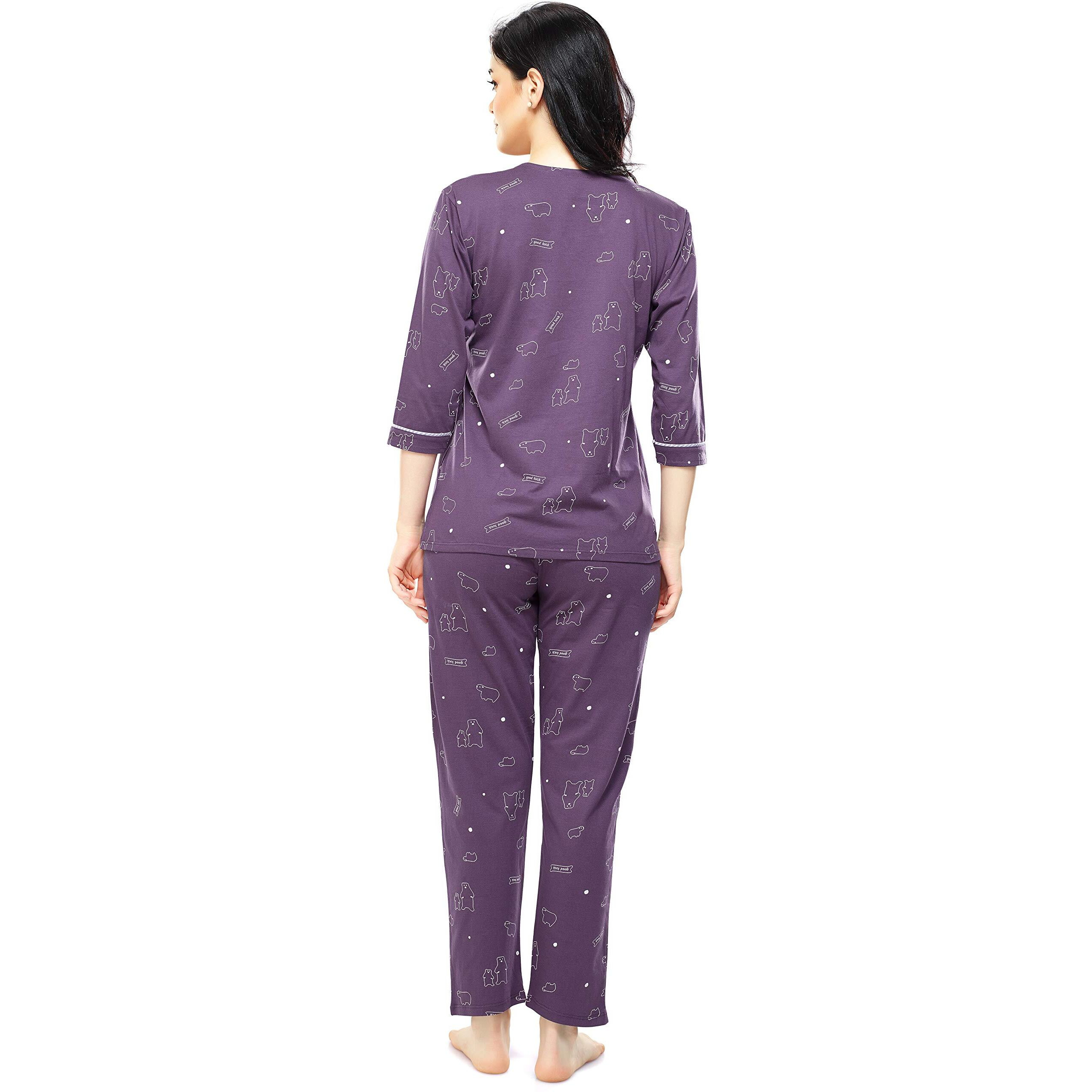 ZEYO Women s Cotton Polar Bear Printed Purple Night Suit set of Top & Pyjama 5287